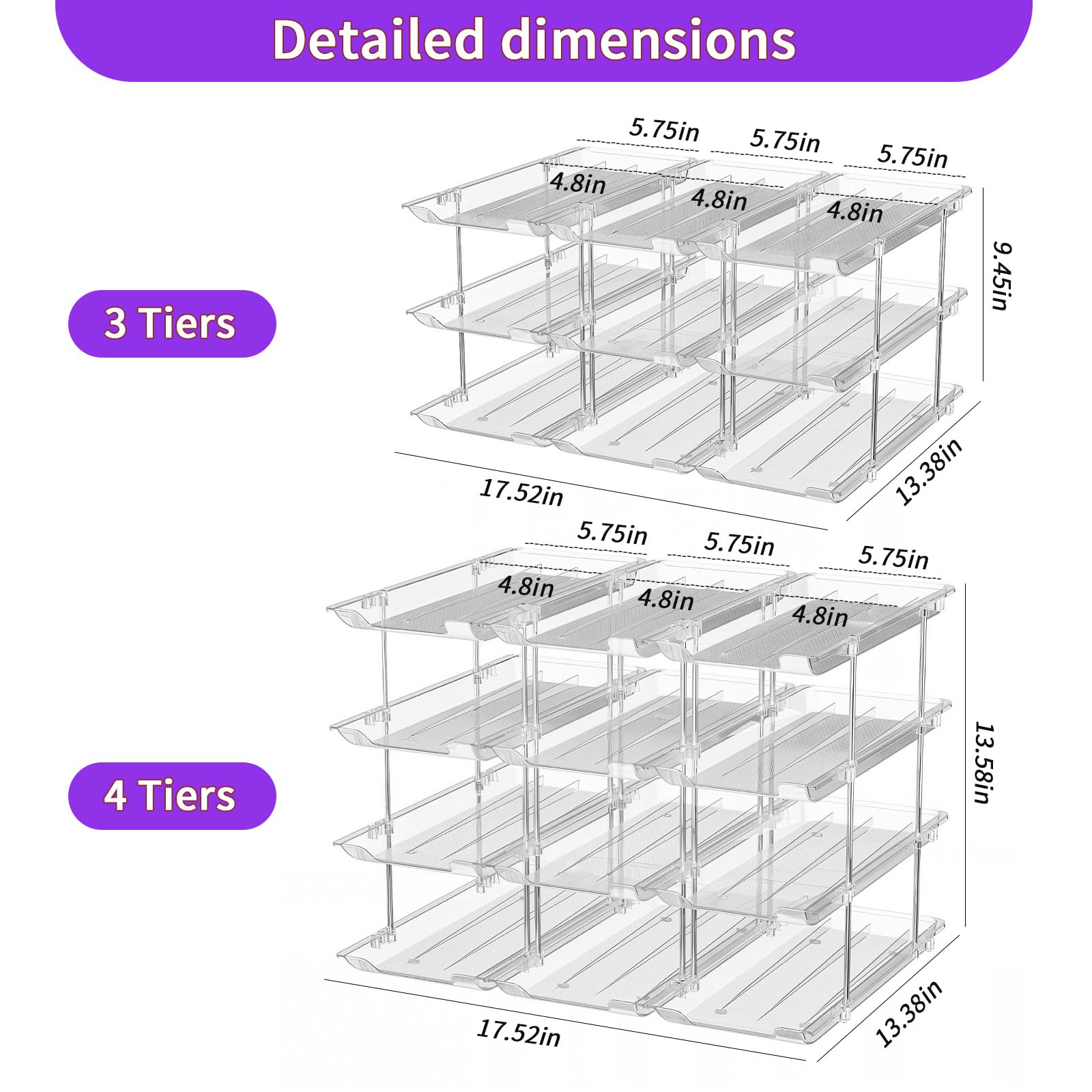Organizador de latas para despensa y refrigerador, 3 juegos de estantes de almacenamiento de 4 niveles con capacidad para 48 latas, organizador de alimentos enlatados transparente apilable (4 niveles