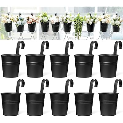 Dahey 10 Pcs Hanging Flower Pots Metal Iron Bucket Outdoor Planter for Railing Fence Balcony Garden Home Decoration Flower Holders with Detachable Hooks, Black, 5 Inches