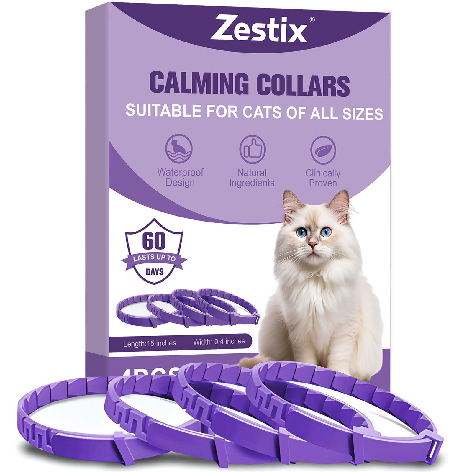 Cat Calming Collar with Pheromone & Lavender, Adjustable Waterproof Design, 30-Day Anxiety Relief, 4-Pack for Multi-Cat Stress & Travel