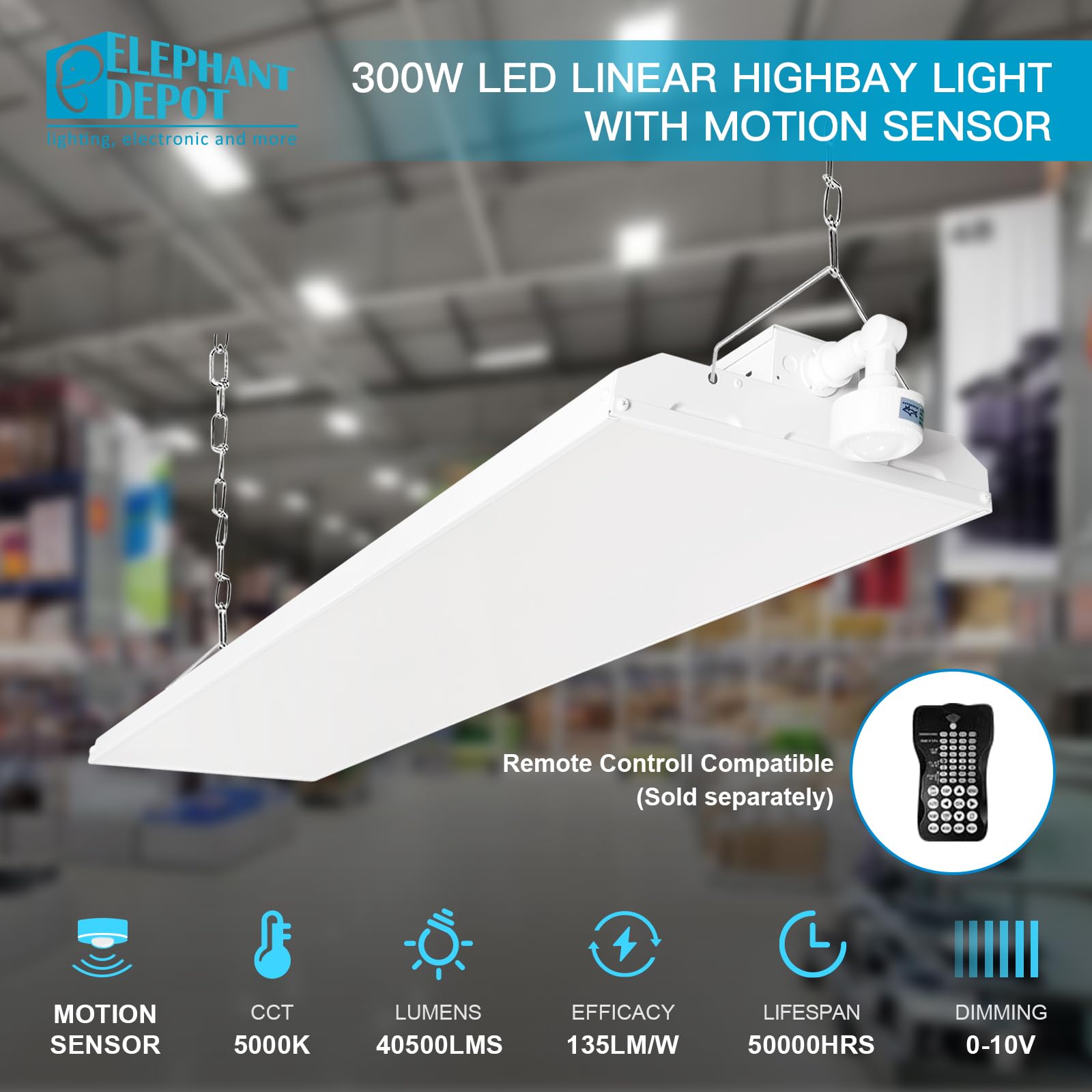 4FT 1000-Watt Equivalent LED Linear High Bay Shop Lights with Motion Sensor,300W,40500LM,135LM/W,5000K High Bay Lights,0-10V Dimmable Commercial Bay Lighting for Garage,Shop,Supermarket