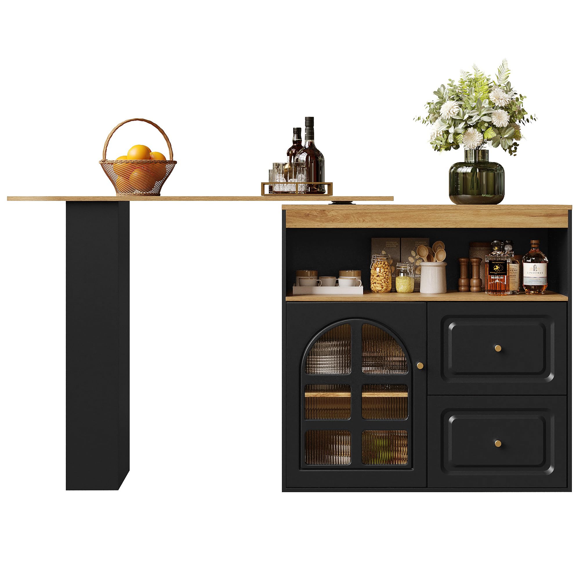 Tavolo Bar Estensibile Rotazione 360°, Mobile Cucina Moderno con Ripiani e Vetro, Credenza con 4 Cassetti, Scaffali Aperti e Porta in Vetro (Black, 138-204x39x104 cm)