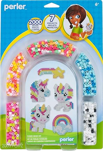 Perler Kit de cuentas de fusibles de unicornio arco iris, 2000 piezas, 7 proyectos