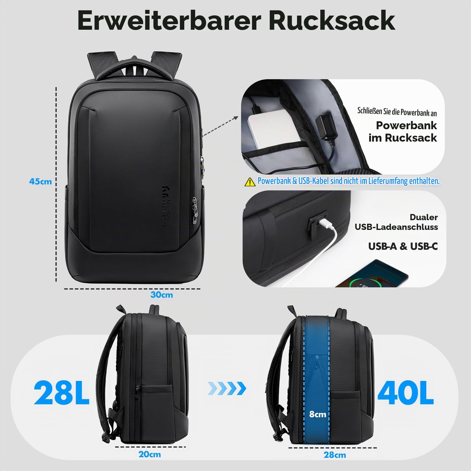 hk Business Laptop Rucksack Herren 16 Zoll 28-40L Erweiterbar | Wasserabweisender Arbeitsrucksack mit USB Ladeanschluss, Großem Stauraum für Schule, Universität und Reisen – Schwarz