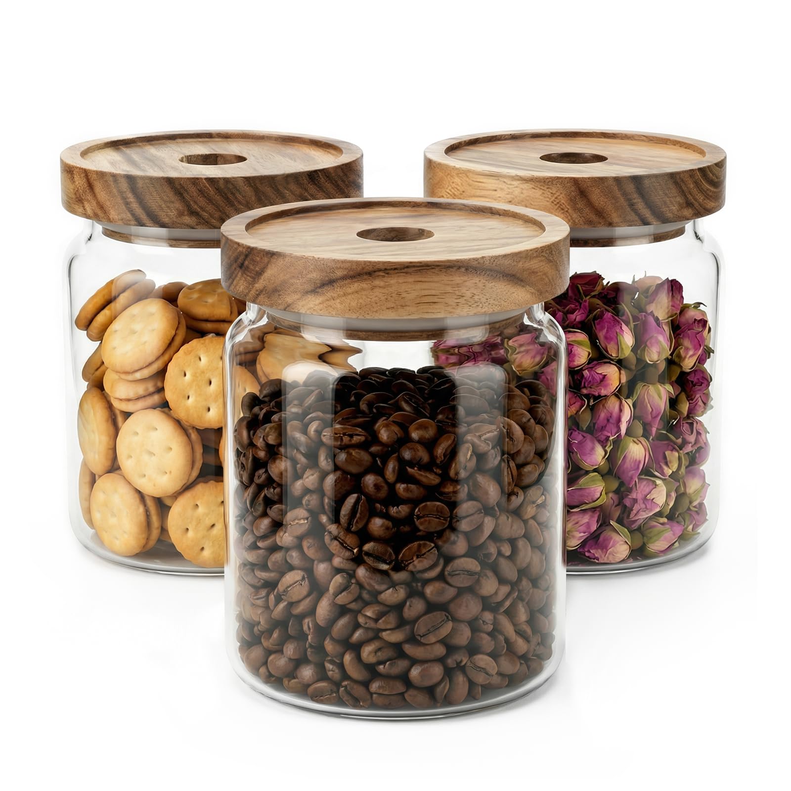 Woobroo 3 Pcs Glass Storage Jar Set with Sealed Wooden Lids - 450ml Stackable Food Storage Containers for Pasta, Coffee Bean, Cereal, Flour