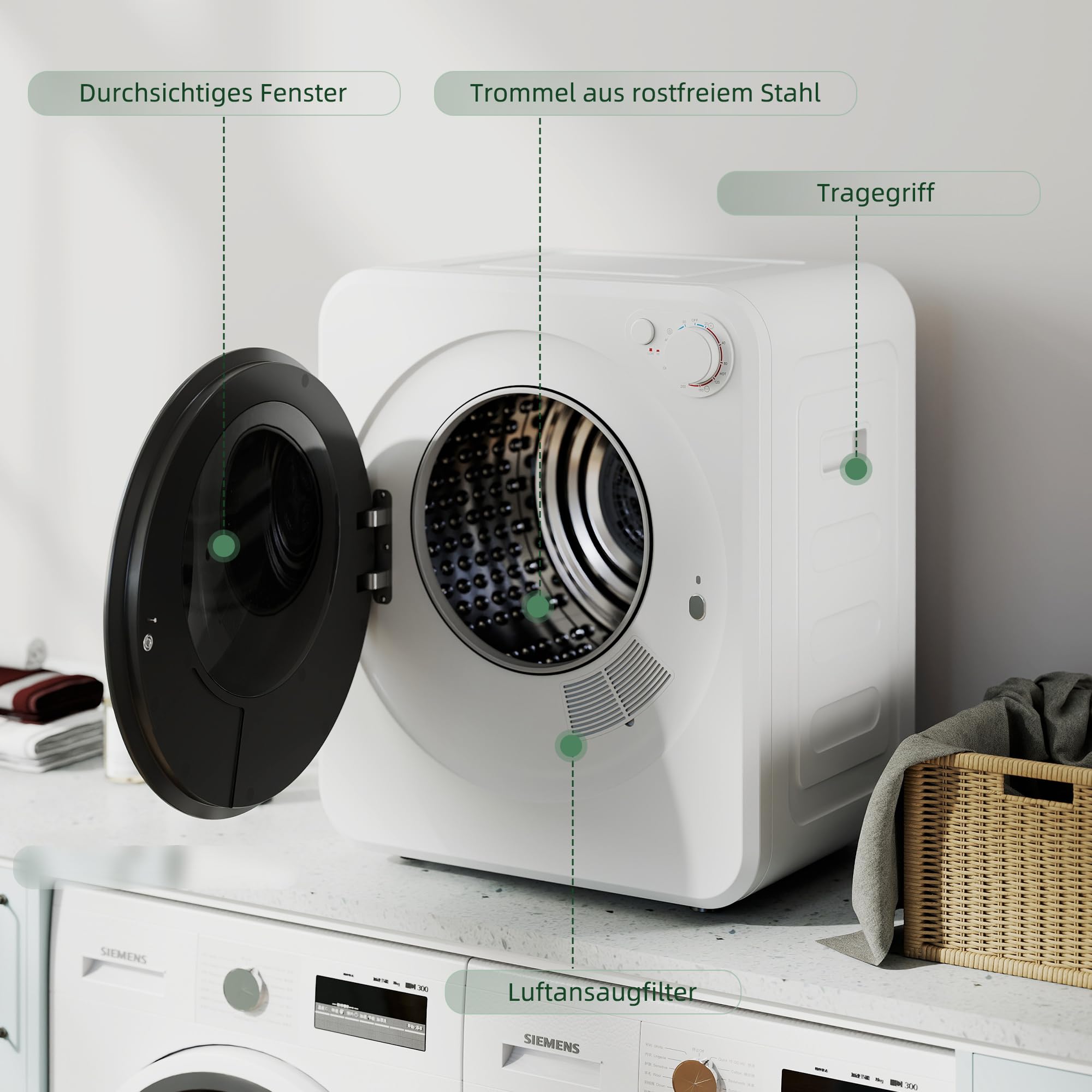 HOMCOM Mini Wäschetrockner 4 kg mit 5 Programme bis zu 60℃ 800W/400W Freistehend Wandmontierbar Ablufttrockner mit reversibel Edelstahltrommel Trockner für Kleidung Wohnmobile Wohnheime Zuhause Weiß