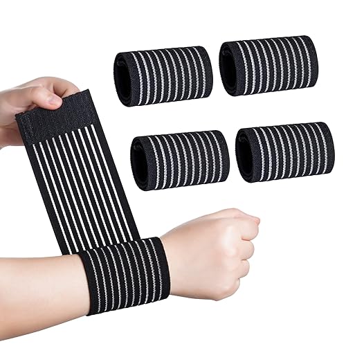 Rbenxia 4 unidades de vendaje de compresión de muñeca elástico negro ajustable para la muñeca, muñequera transpirable para estabilizar ligamentos,