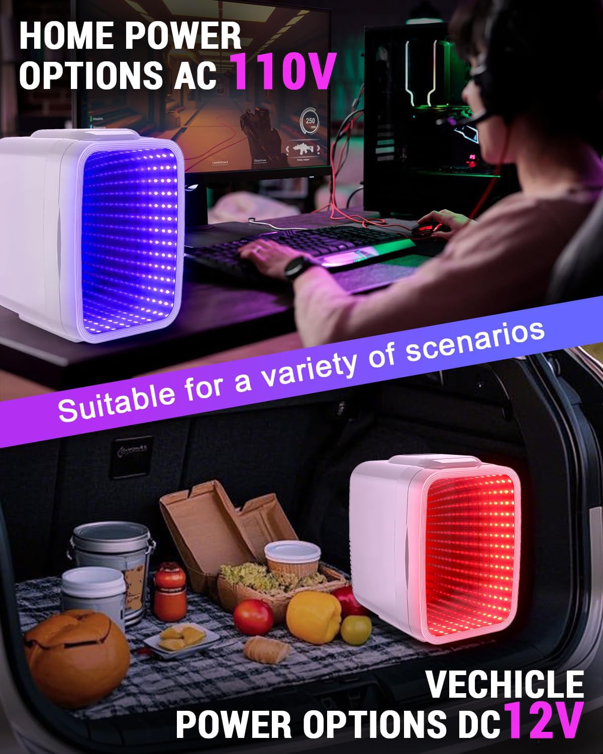 Mini frigorifero, piccolo frigorifero da 4 litri/6 lattine con luce LED dimmerabile, mini frigo portatile AC/DC, piccolo frigorifero da gioco per camera da letto, ufficio, sala giochi e auto (bianco)
