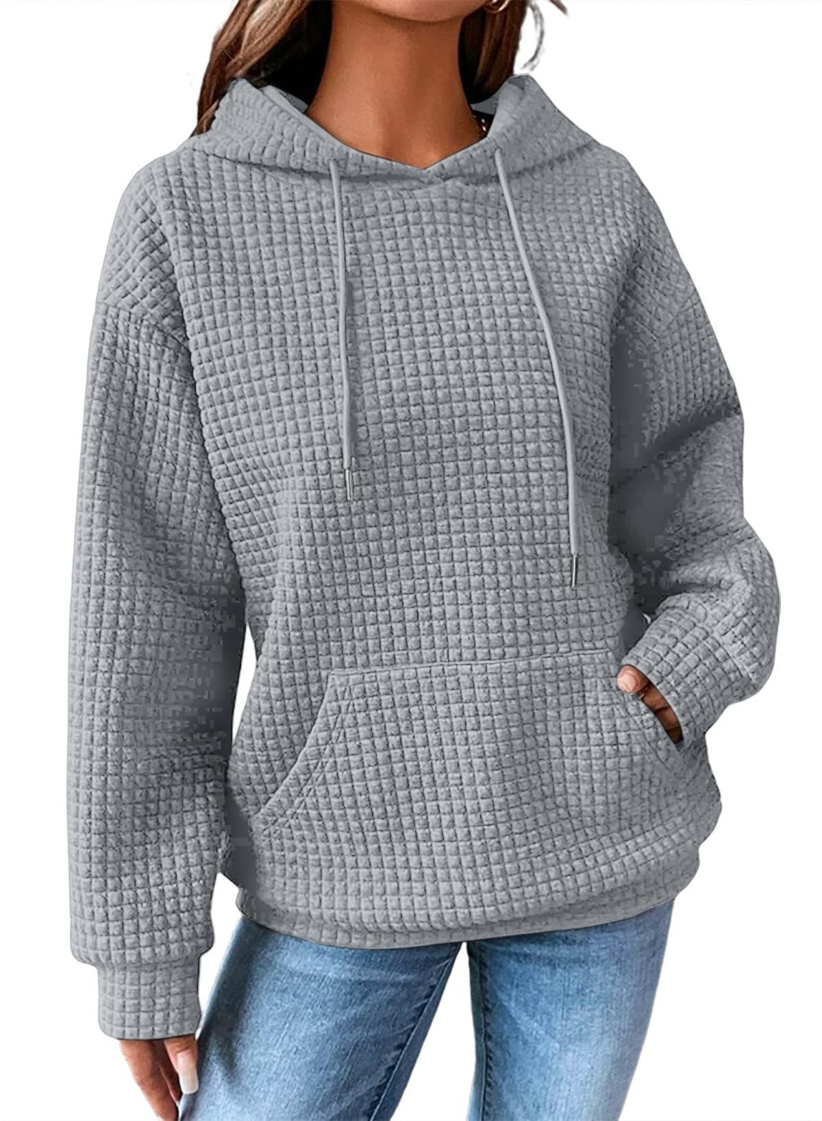 Dokotoo Kapuzenpullover Damen Hoodie Waffel Pullover mit Taschen Kordelzug Sweatshirt Einfarbig Langarmshirt Lässig Oberteile S-XXL