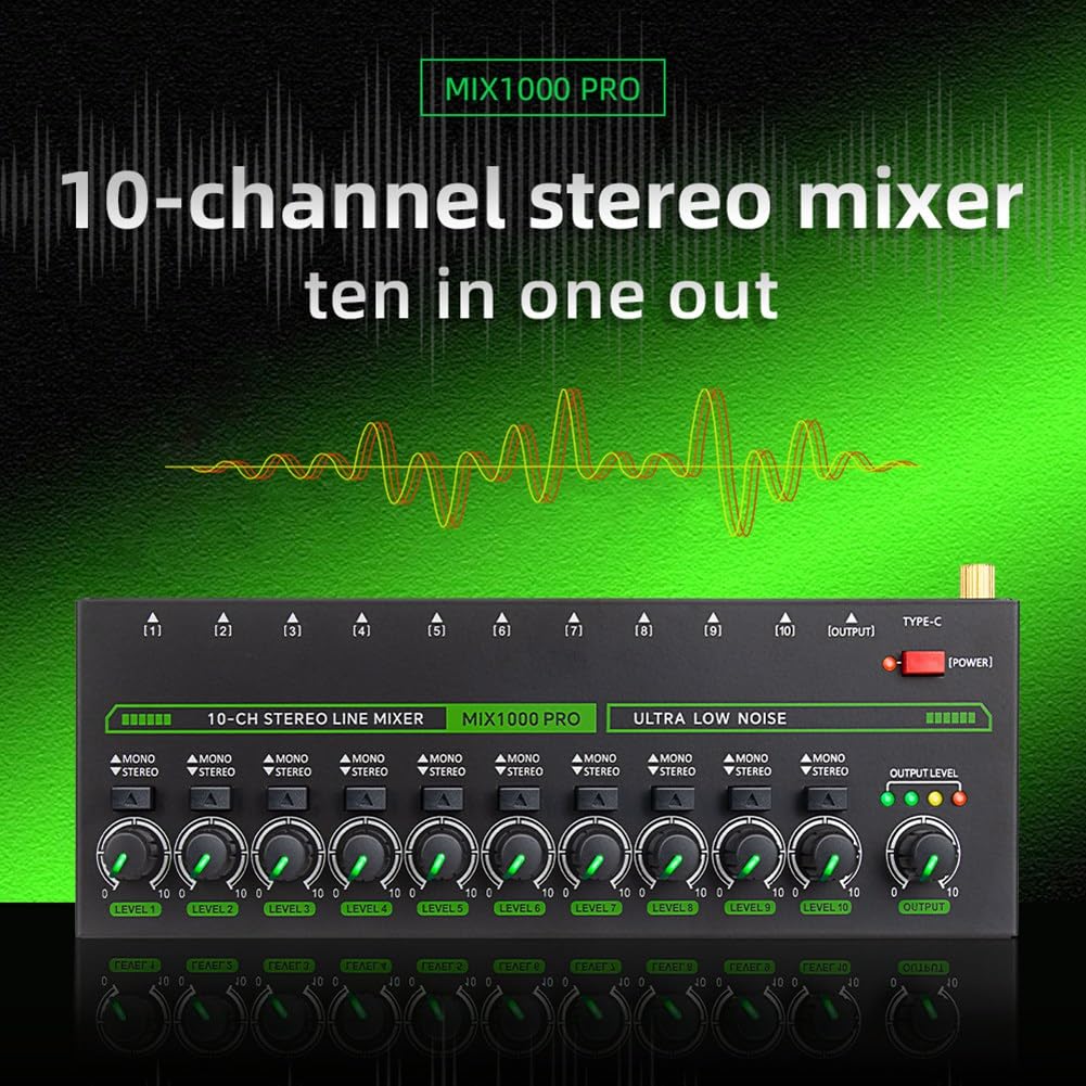 Mezclador de Sonido Profesional de 10 Canales, Mezclador de Sonido LED de Bajo Ruido con Luz RGB para Submezcla, Conmutador Estéreo, Enchufe de la UE