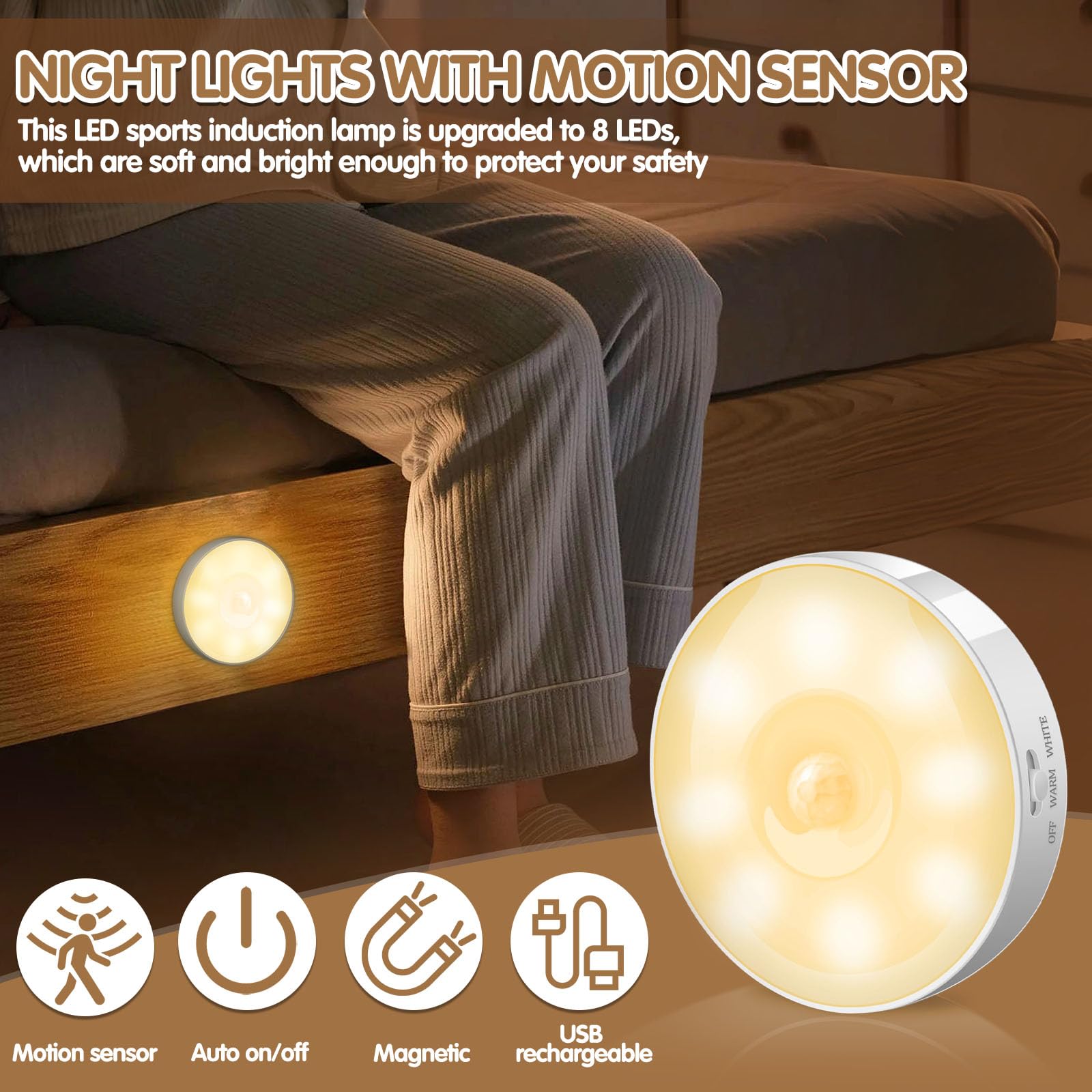 Ddlisu Motion Sensor Lights Indoor, Warm/Cool White, Motion Sensor Cupboard Lights, Smart Stair Lights USB Rechargeable - Image 4