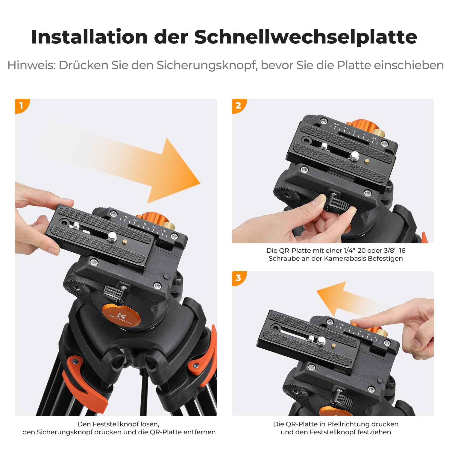 K&F CONCEPT Schwarz-Orange Aluminium 202cm Videostativ | Heavy Duty Tripod Stativ, Fluidkopf, Schnellwechselplatte, Tragkraft 8kg für DSLR, Camcorder, Kameras VA3+BV70