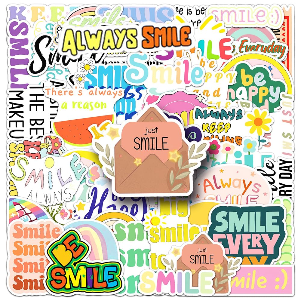Smile Stickers |51Pcs Keep Smiling Theme Waterproof Vinyl Decals for Water Bottles Laptop Refrigerator Luggage Cup Computer Mobile Phone Skateboard