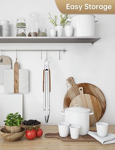 Miniatura 5 de Pinzas para parrilla con mango de madera, pinzas de barbacoa extra largas de 19.5 pulgadas, pinzas de metal de acero inoxidable de alta calidad