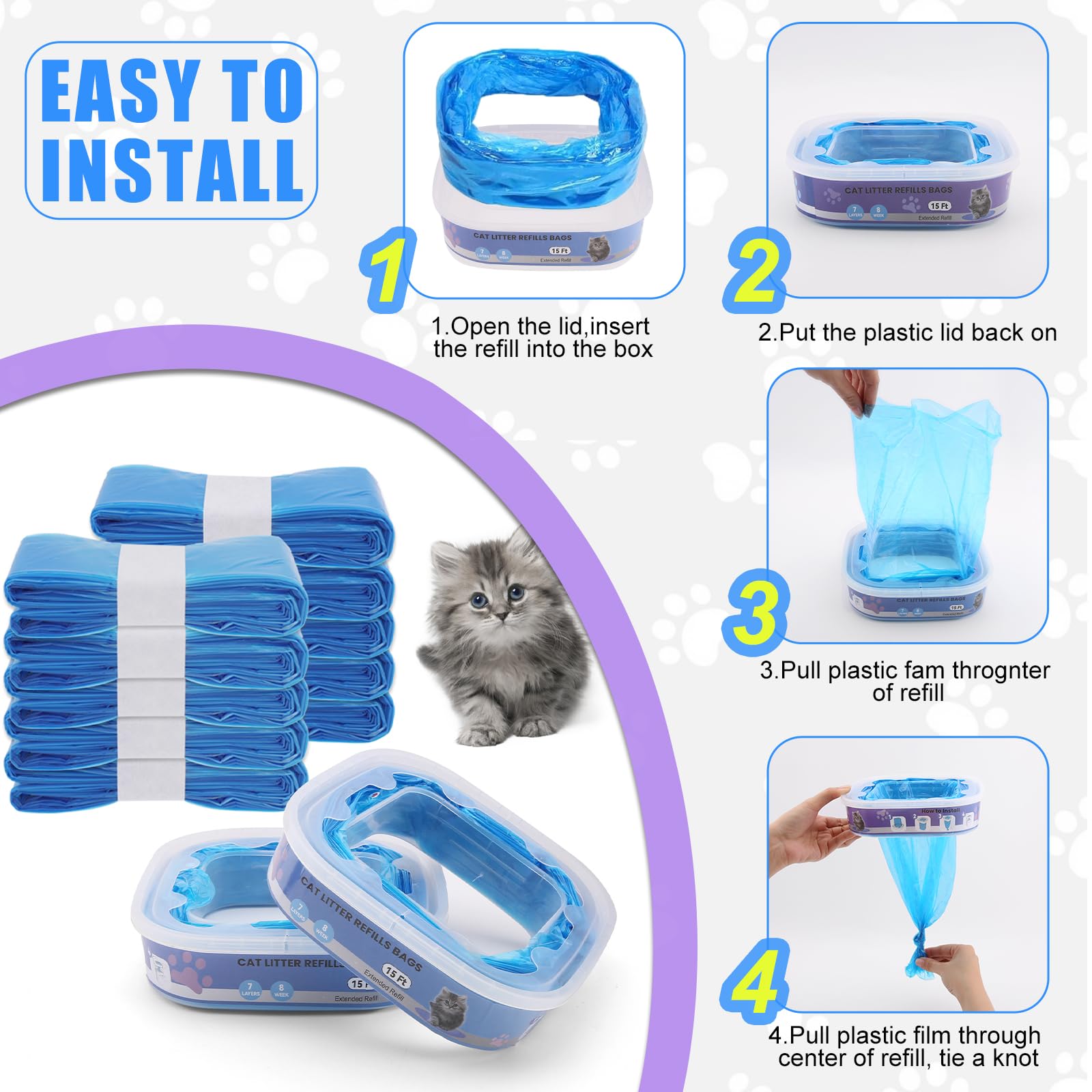 Recambios Cubos de Pañales，compatibles Litter Genie Standard, Plus,XL,Style,Bolsas de recambio para arena para gatos,Super control de olores，Azul （10 Piezas)