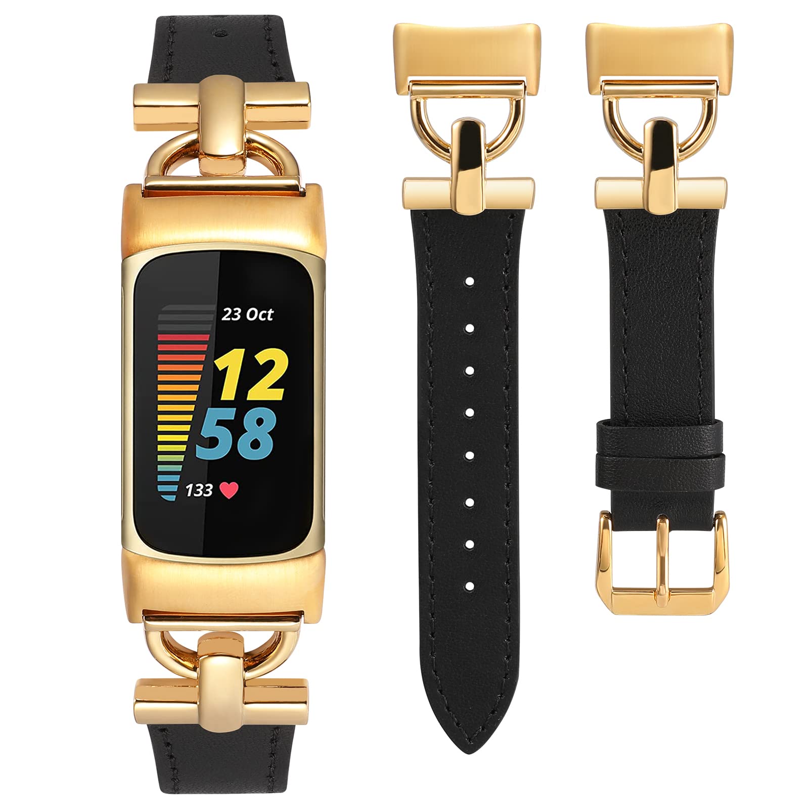 Wearlizer Leather Band Compatible with Fitbit Charge 6 Bands/Charge 5 Bands for Women, Dressy Slim Leather Strap Replacement Wristband with D-Shape