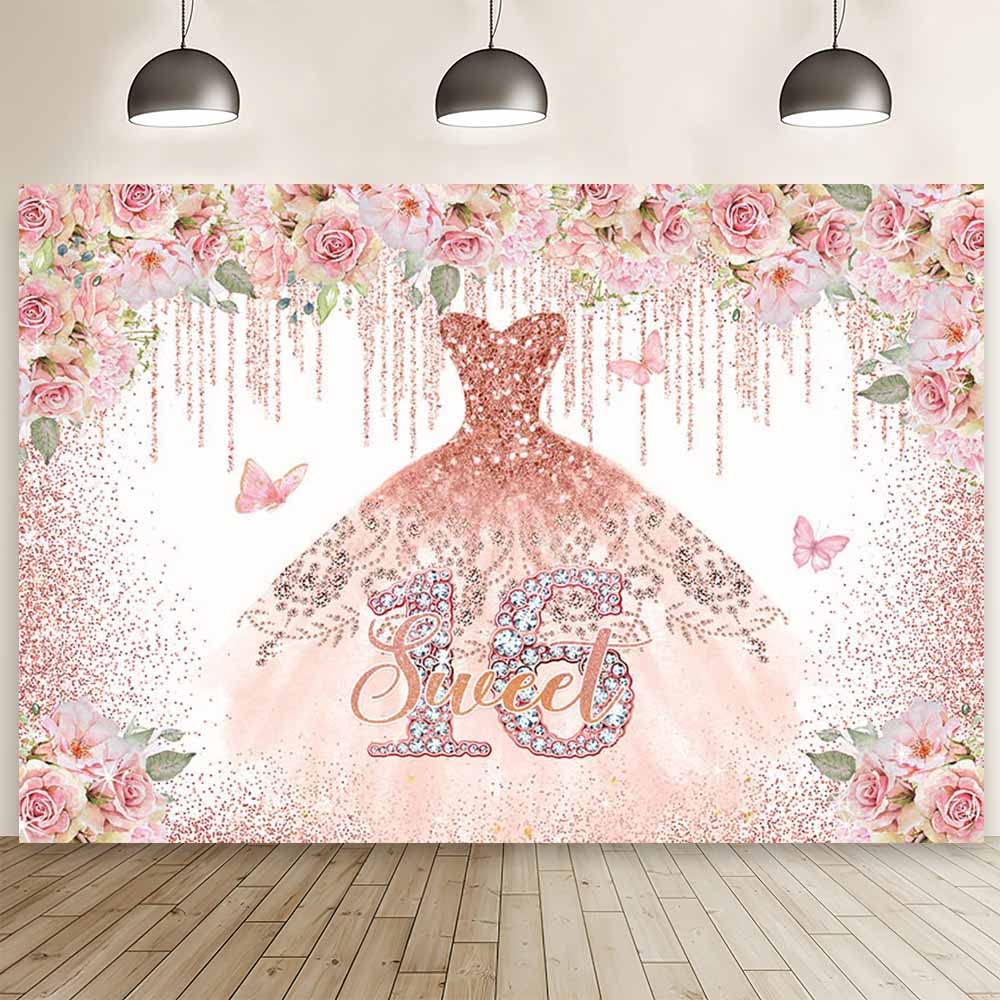 MEHOFOND 8x6ft Sweet 16 Birthday Backdrop Pink Floral Rose Gold Bokeh Dripping Photography Background Glitter Dots Princess Bday Party Decoration