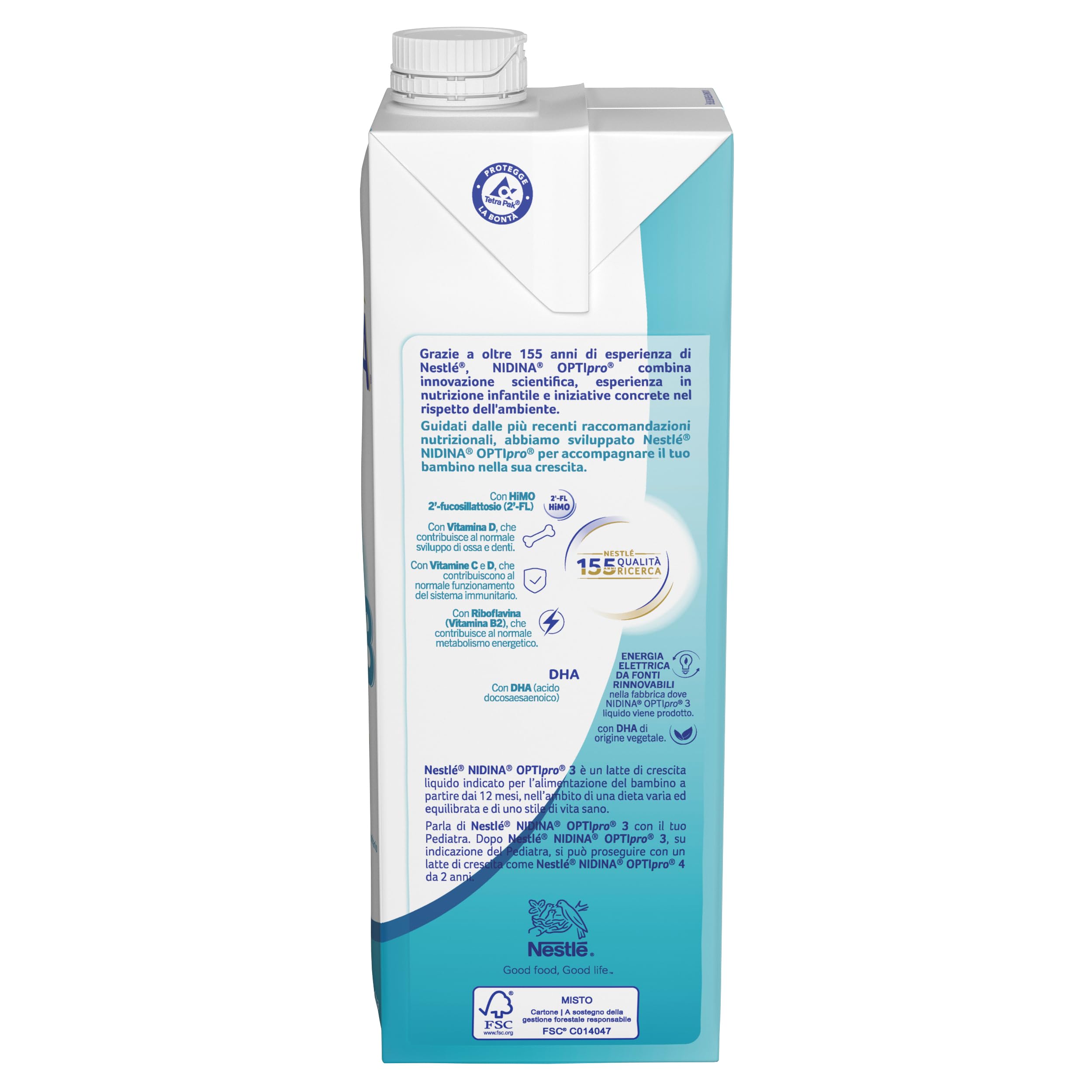 NESTLÉ NIDINA Optipro 3 Latte di Crescita Liquido per Bambini da 1 anno, 8 Brick da 1L (8L)