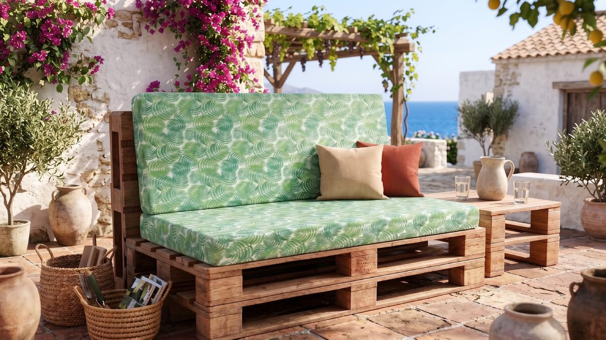 Cojines para Sofá de Palets, Diseño Hojas Verde, 50% Algodón 50% Poliéster, Asiento 120x80cm y Respaldo 120x60cm, Espuma Alta Densidad, con Cremallera