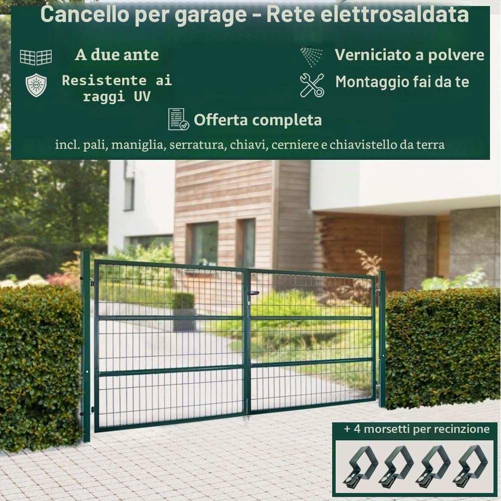 Cancello da Giardino, 300 x 140 cm, Doppia Anta in Metallo, Porta da Giardino per Asta e Recinzione, con Serratura, Include paletti, Verde