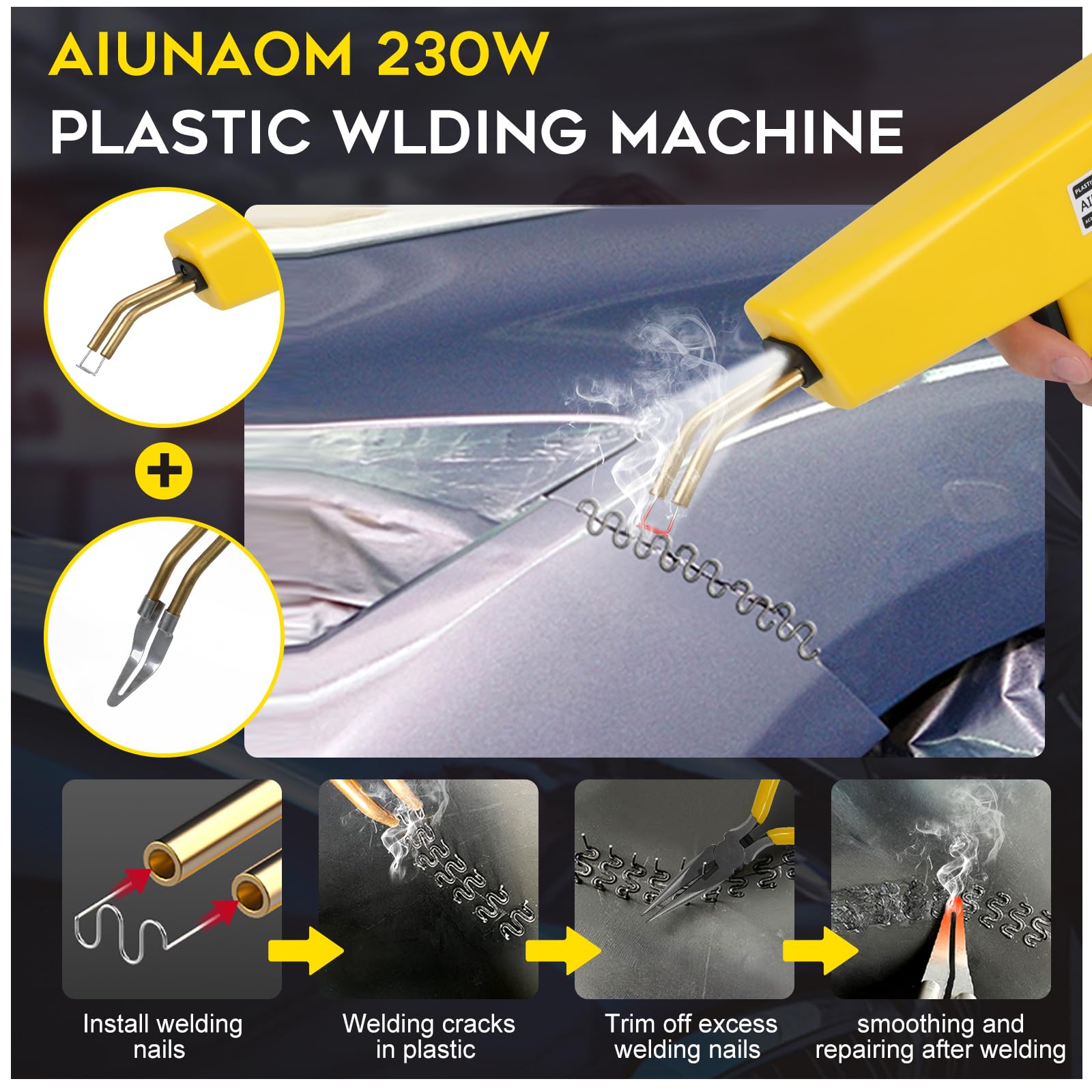 AIUNAOM 230W Saldatore per Plastica 2 in 1 Kit di Saldatura per Plastica con 6 Tipi di Graffette da 900pcs e 1 Strumento di Levigatura per Riparare Paraurti Auto e Altre Parti in Plastica