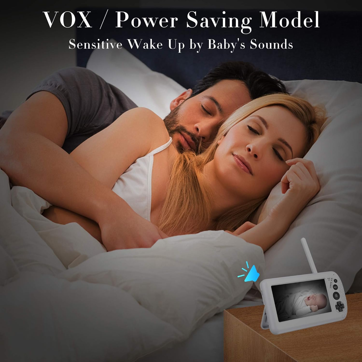 CanSHUO Baby Monitor in VOX mode, showing parents sleeping peacefully.