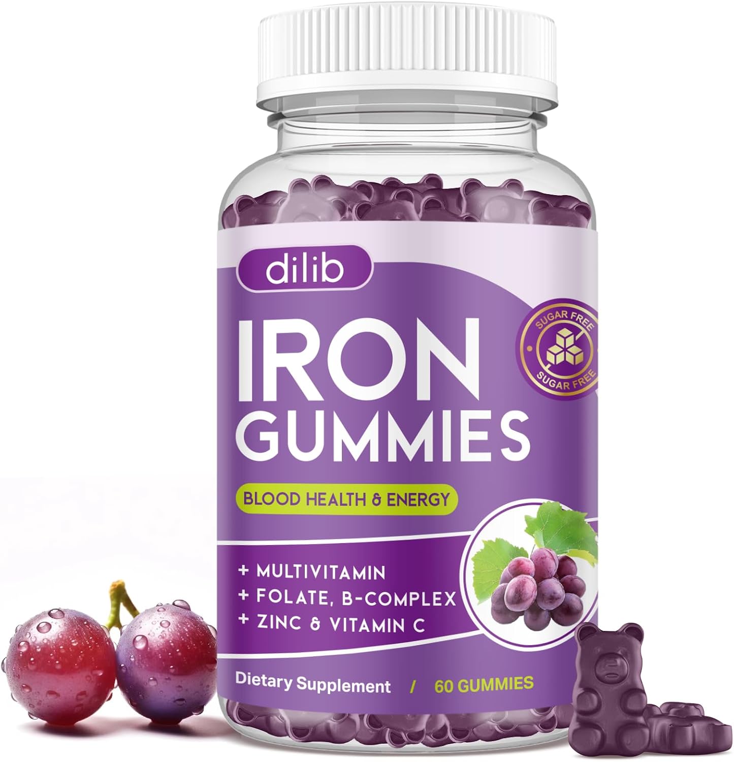 Iron Gummies with Multivitamin, Iron Supplement for Women & Men with Zinc, Vitamin B Complex & C, B12, Folate – Blood Builder & Energy Support for Adults & Kids – Grape Flavor, Vegan 60 Gummies Iron Gummies with Multivitamin, Iron Supplement for Women & Men with Zinc, Vitamin B Complex & C, B12, Folate – Blood Builder & Energy Support for Adults & Kids – Grape Flavor, Vegan 60 Gummies