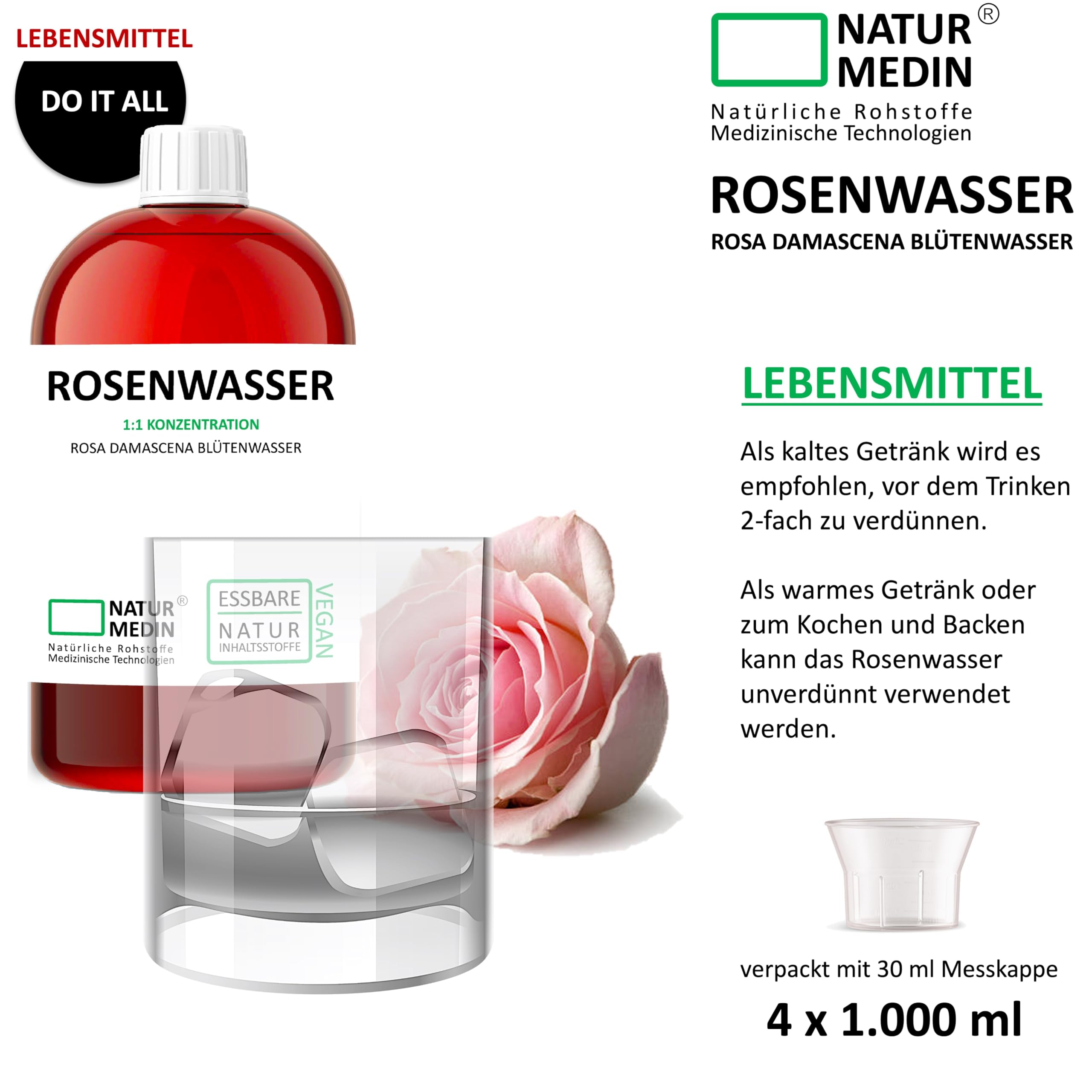 4.000 ml ESSBARES ROSENWASSER – Typ : Do-It-All – (4x1.000ml) NATURMEDIN®
