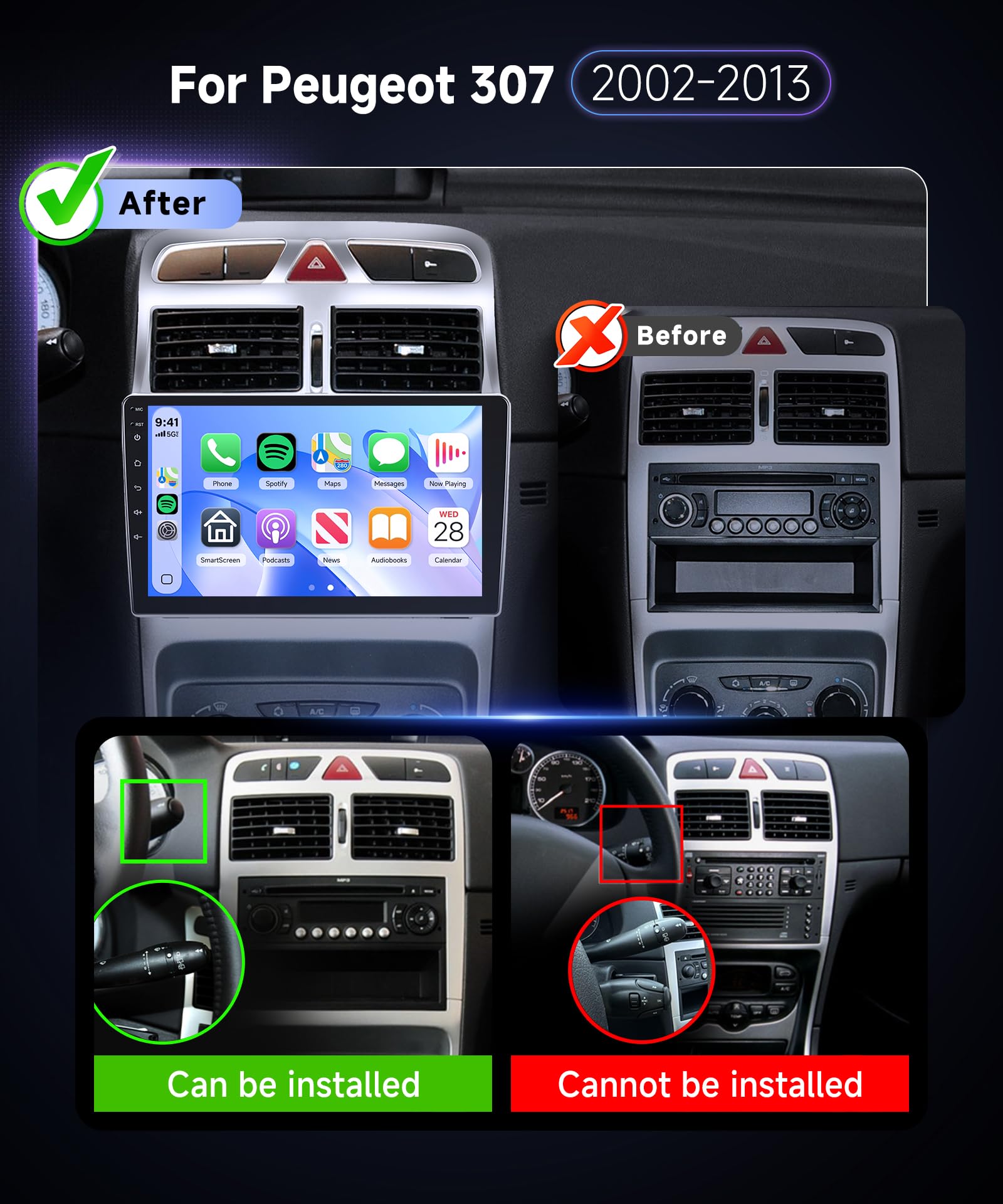 Hodozzy Radio samochodowe do Peugeot 307 2002-2013 z bezprzewodowym odtwarzaczem Android Auto, 9 cali Touchsreen z Bluetooth/RDS Radio/SWC/GPS/Youtube/USB/V-Link/+ kamera cofania