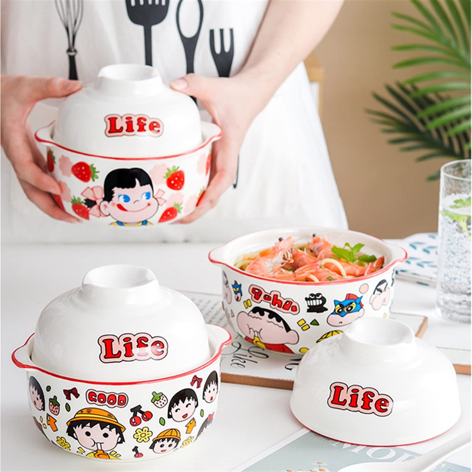 Suppenschüsseln Kawaii Strawberry Ramenschüssel mit Deckel Keramik Niedliche Cartoon Küche Geschirr Große Früchte Instant Nudeln Salat Reis Suppenschüssel Salatschüssel (Color : Pink A)