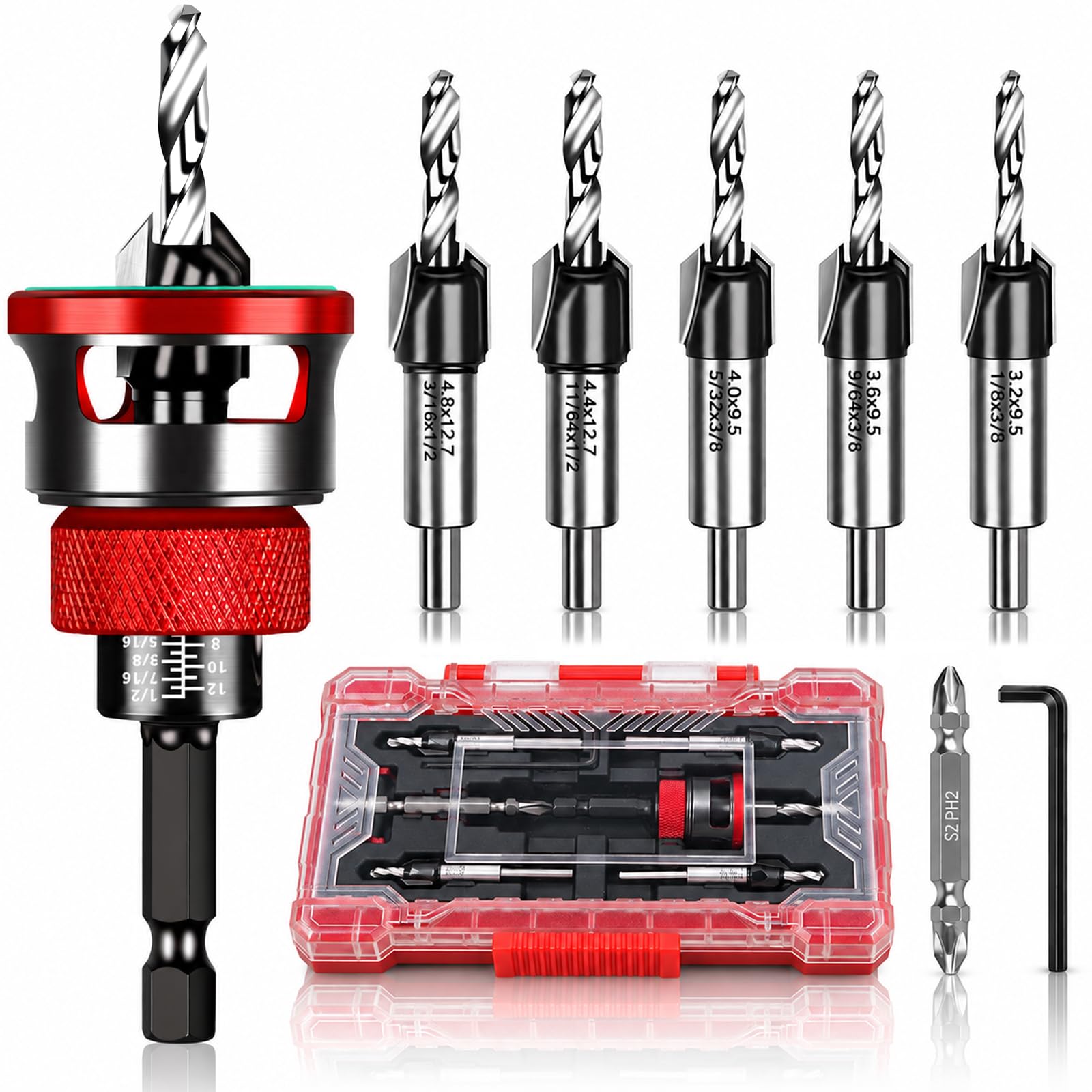 Countersink Drill Bit Set - 9 Piece with Depth Stop -1