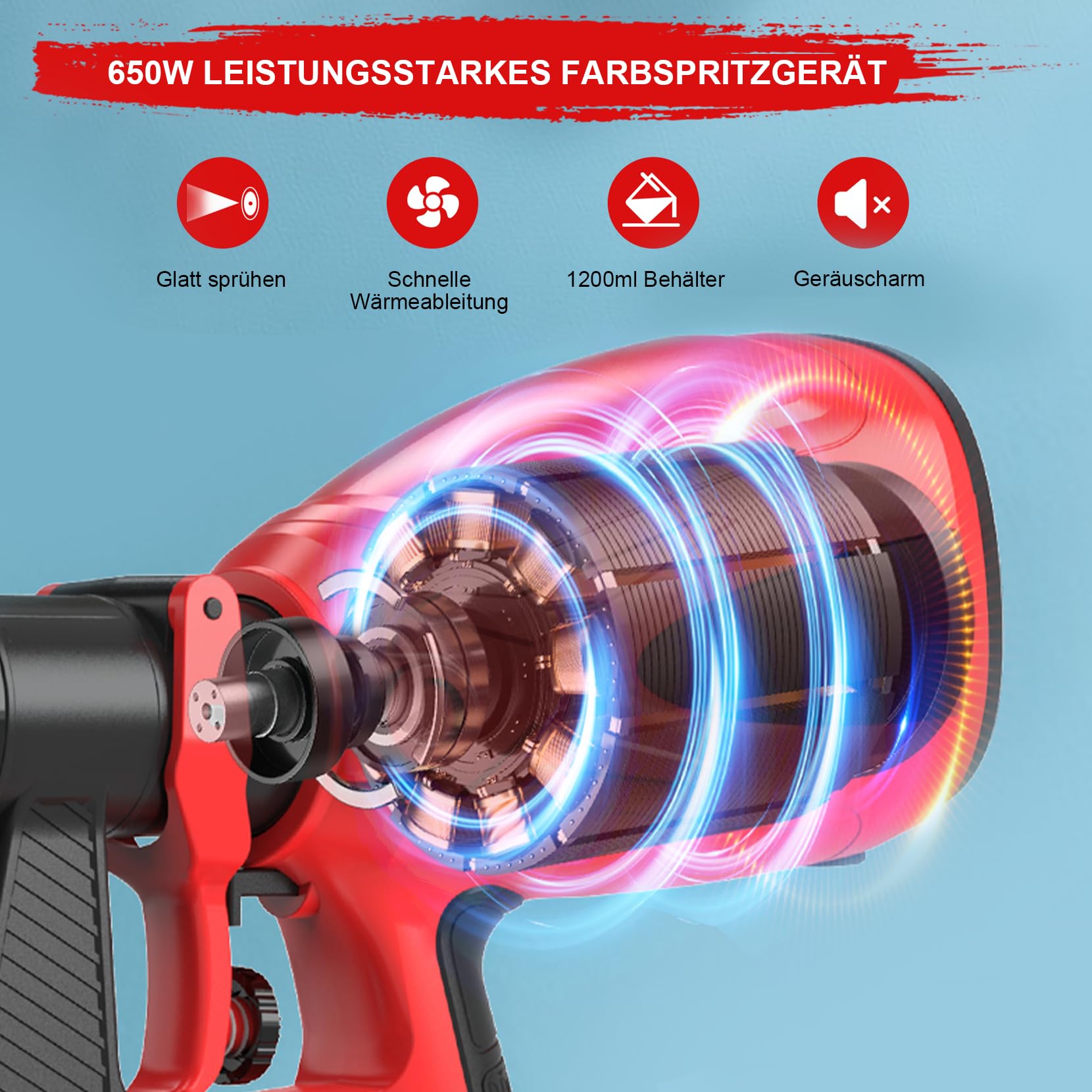 Farbsprühsystem, 650W Lackierpistole, Farbsprühsystem Wandfarbe 1200ML Behälter, 4 Düsen & 3 Sprühmuster, Farbsprühgerät mit Reinigungsbürste & Viskositätsbecher, Farbspritzpistole für Möbel,Zaun,DIY