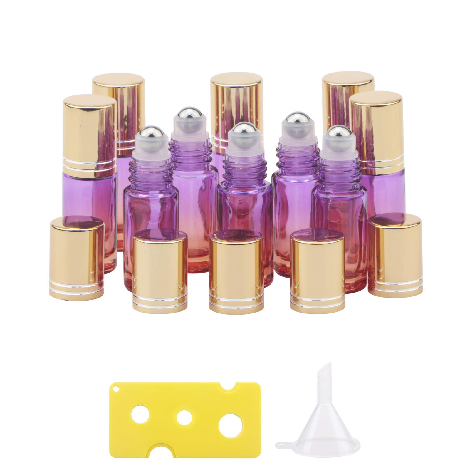 KesellEssential Oil Roller Bottles 10pcs 5ml Purple-orange Gradient Vials Containers with Stainless Steel Roller Ball and Golden Lid for Essential Oil Perfume Leakproof Travel Bottle