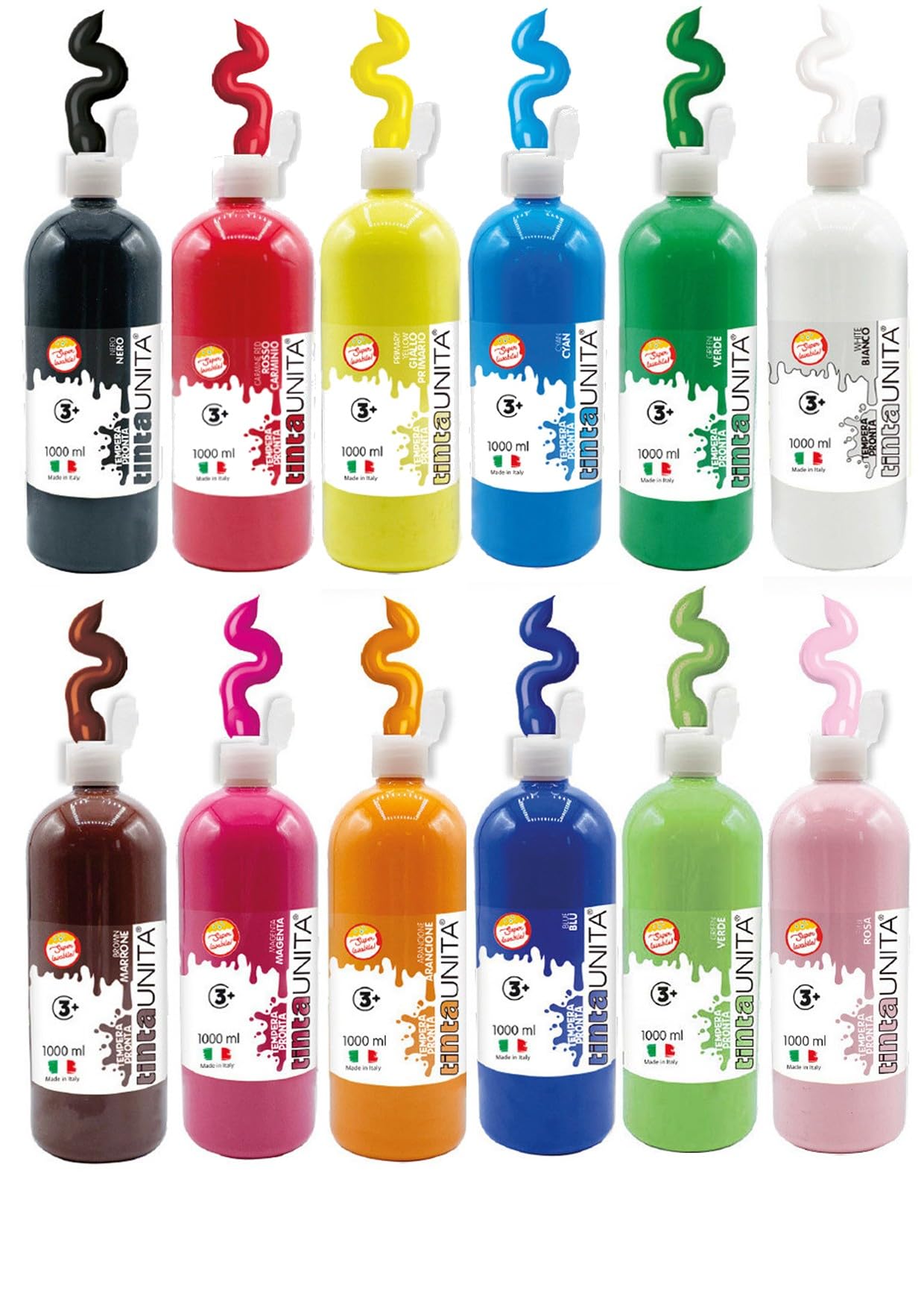 Generico Tempera pronta superlavabile Toy Color - Flacone da 1000 ml Set Colorbox da 12 Colori Assortiti - Prodotto per Lavori Creativi e Pittura