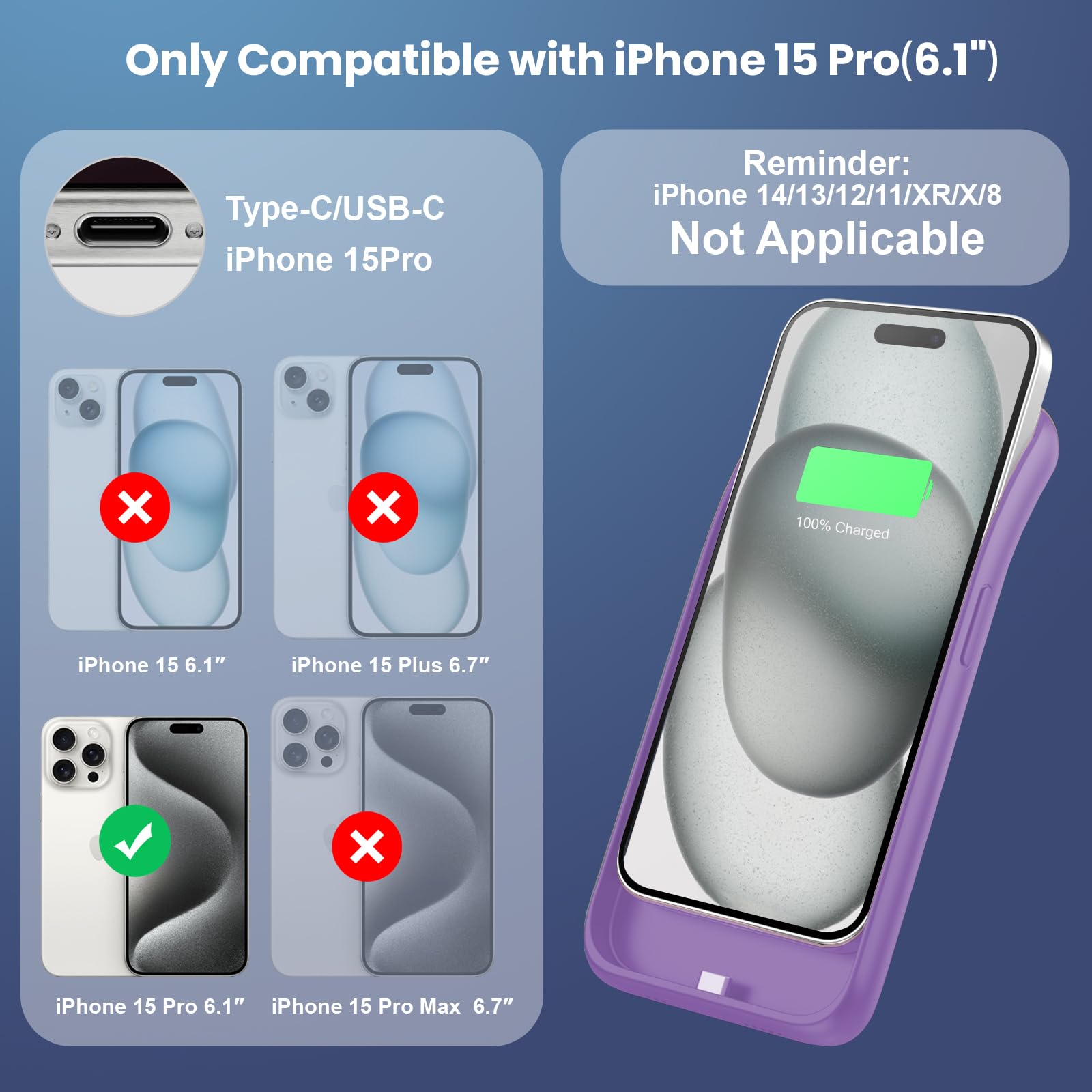 Feob Akkuhülle für iPhone 15 Pro (6,1"), 7500mAh 15W Powerbank Hülle Zusatzakku Akku Case Akku Ladehülle Handyhülle Akku Battery Case Akku Hülle für iPhone 15 Pro (6,1") Charger Case-Violett