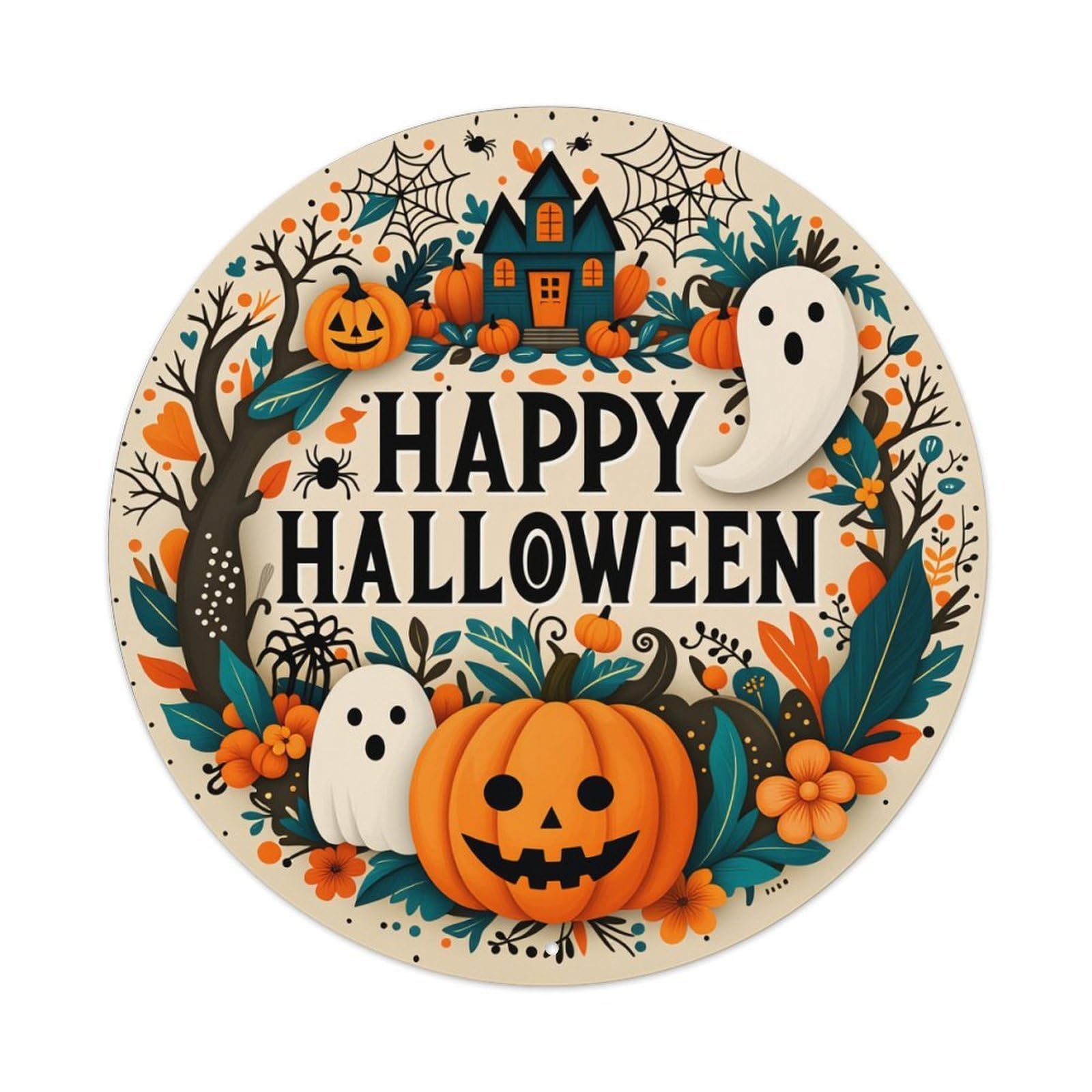 Happy Halloween Pumpkin Ghost Spider Round Tin Sign Vintage Metal Poster Retro Bar, Home, Man Cave, Kitchen, Laundry Room Wall Art Decor Gift 8x8In
