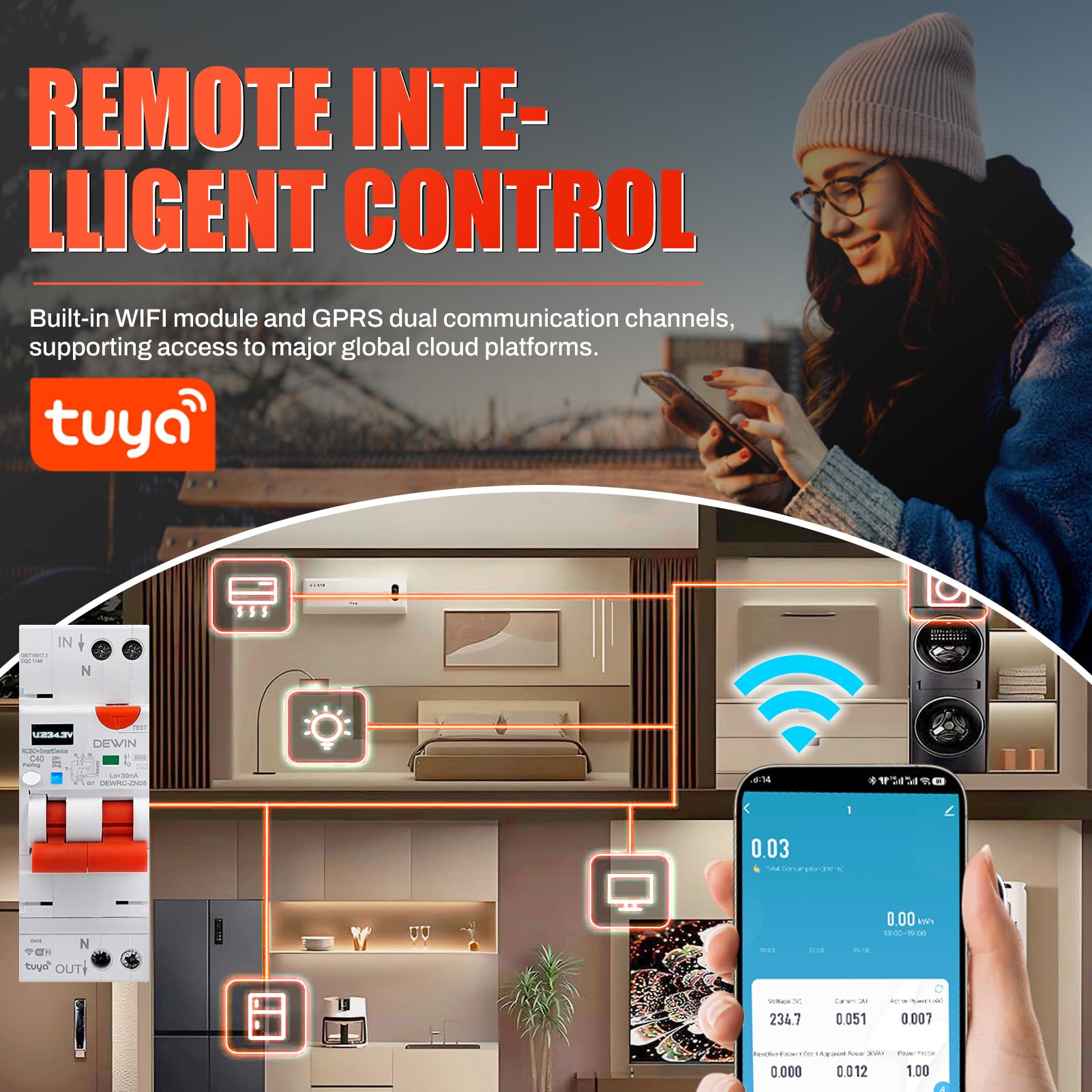 DEWIN Salvavita con Riarmo Automatico WiFi 1P+N 40A 30mA 230VAC Interruttore Differenziale a Riarmo Automatico Salvavita con riarmo Wi-Fi (Tipo A)