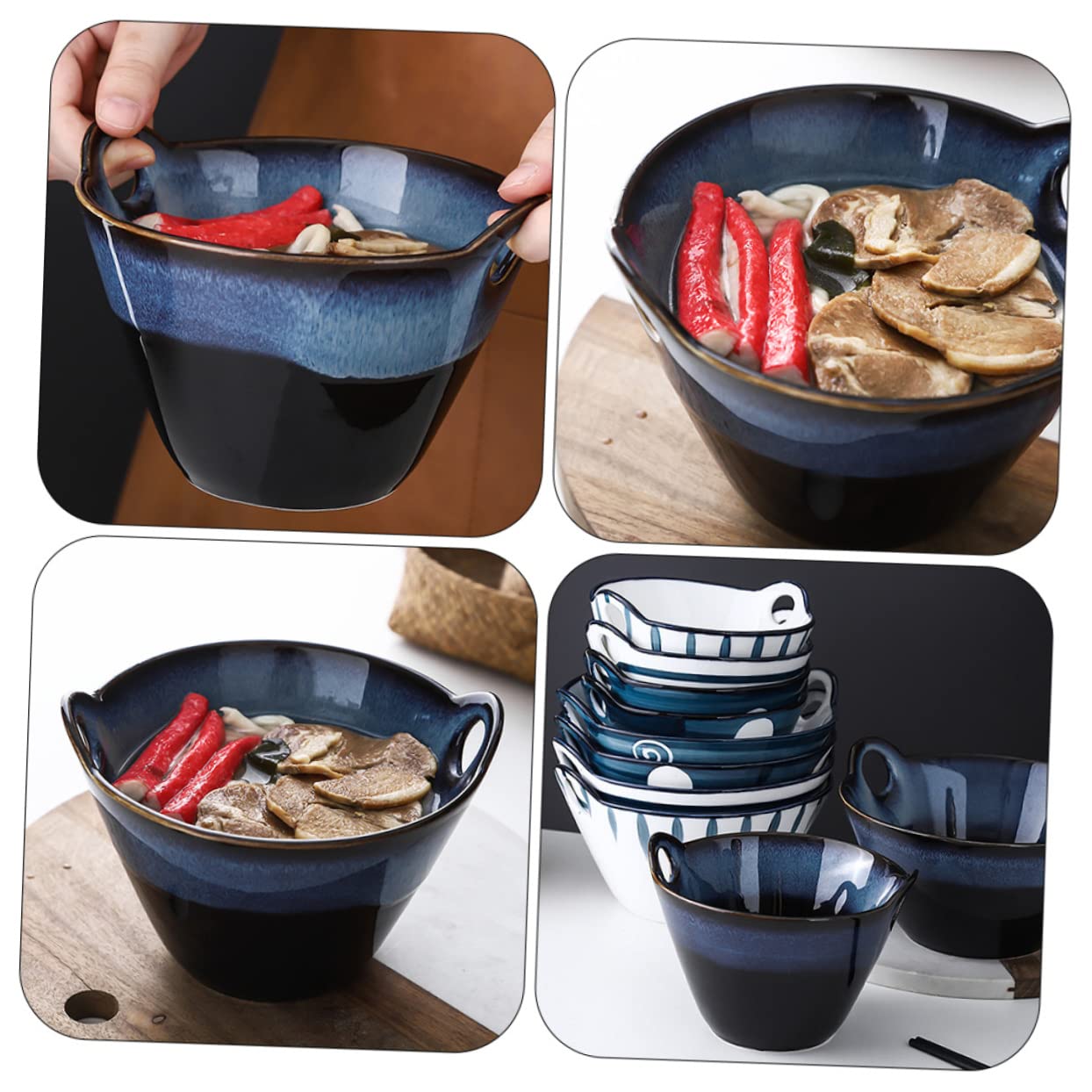 LABRIMP Tazón de Cerámica para Ramen de Doble Asa, Diseño Creativo | Color Navy, Curva Decorativa del Cuenco, Apertura Amplia, Hecho a Mano y Fácil de Limpiar