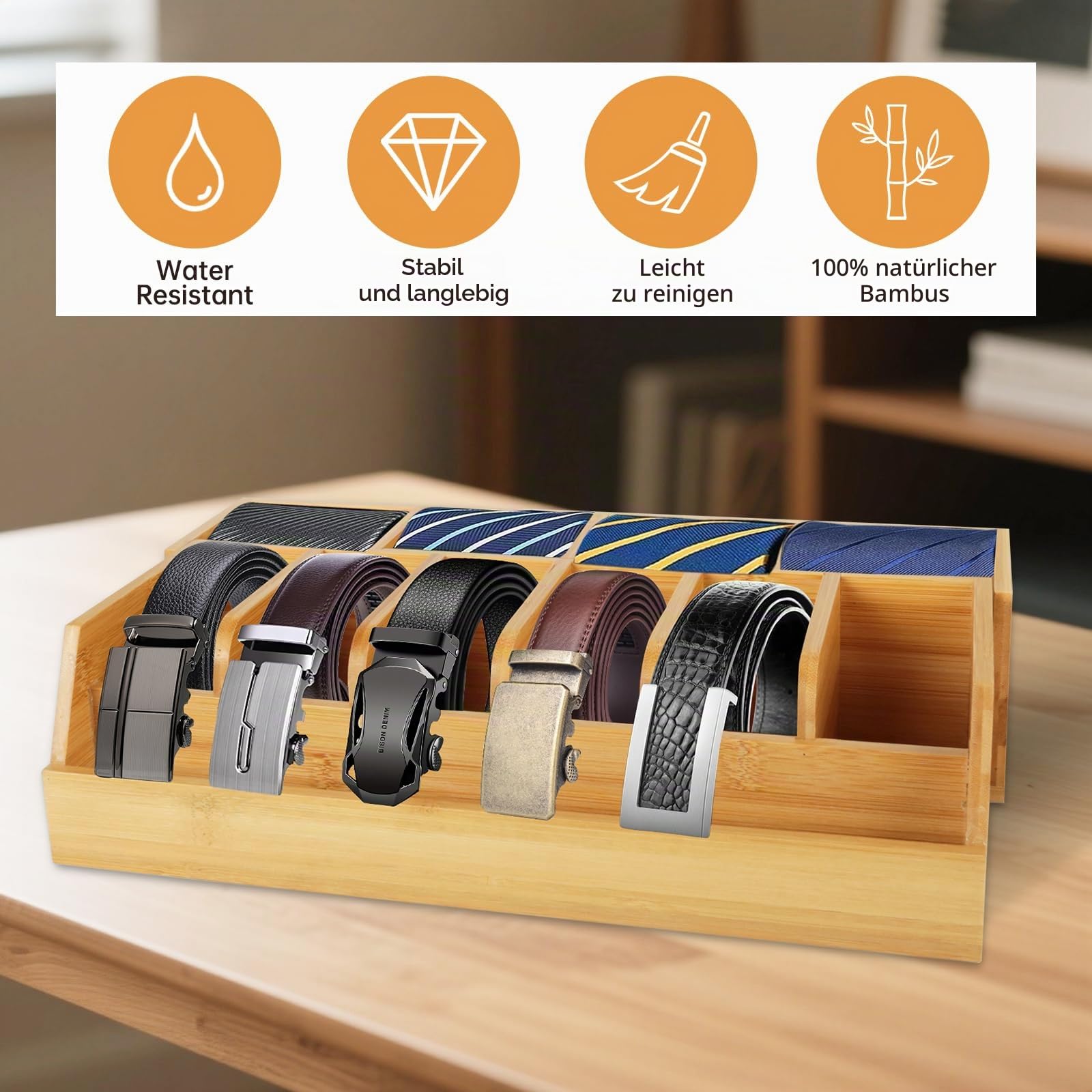 Gürtel Aufbewahrung, 10 Fächer Gürtelorganizer für Closet Drawer, Gürtel-Aufbewahrungsbox Ausstellungsständer für Männer Frauen, Holzfarbe