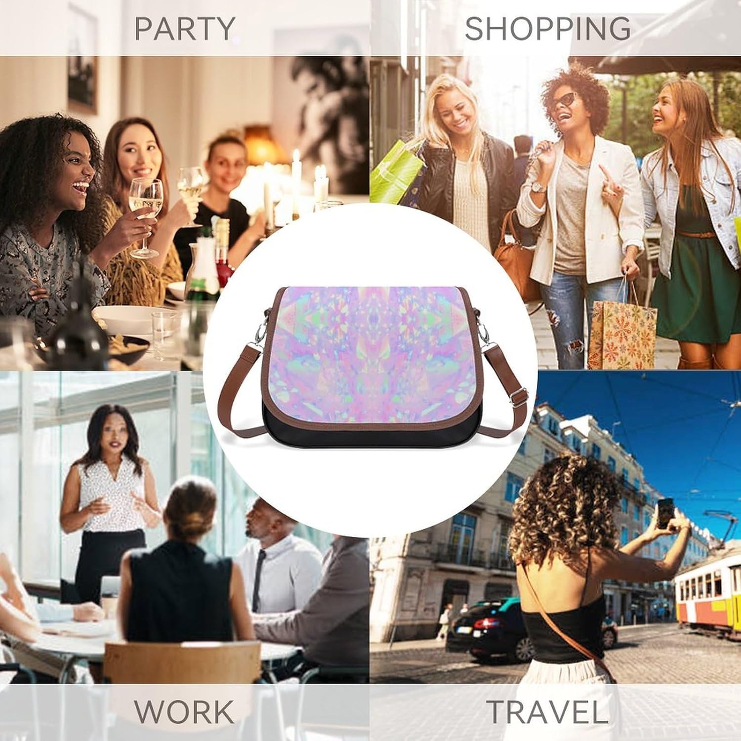 Iridescent Rainbow Opal Dripping Glitter-1Women's Faux Leather Crossbody Bag, Waterproof Wrinkle-Resistant Shoulder Bag with Detachable Strap, Large Capacity Casual Handbag, Fashion Daily Purse for Sh