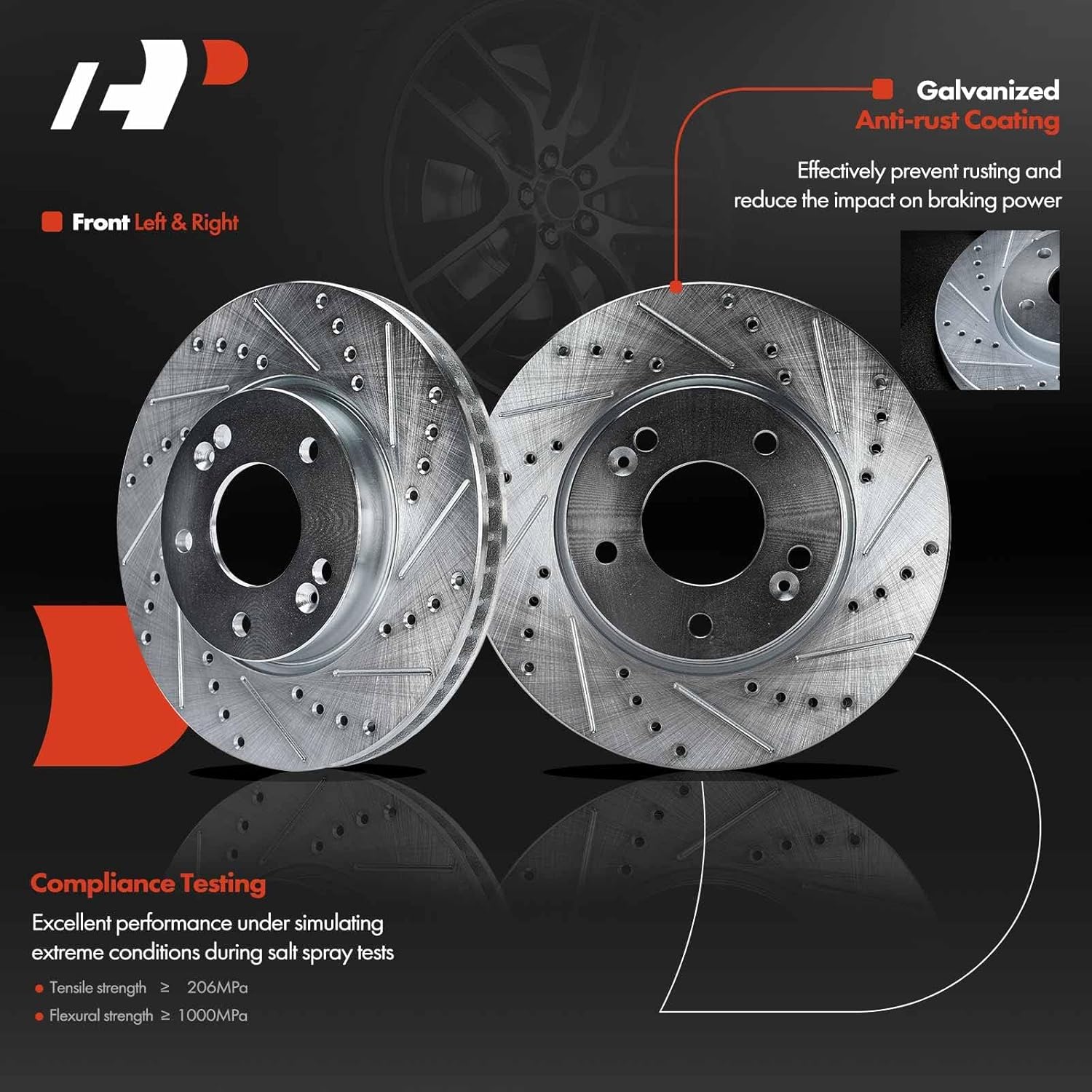 A-Premium 11.02 inch (280mm) Front Drilled and Slotted Disc Brake Rotors + Ceramic Pads Kit Compatible with Kia Models - Forte/Forte Koup 2010-2013, Forte5 2012-2013, 6-PC Set