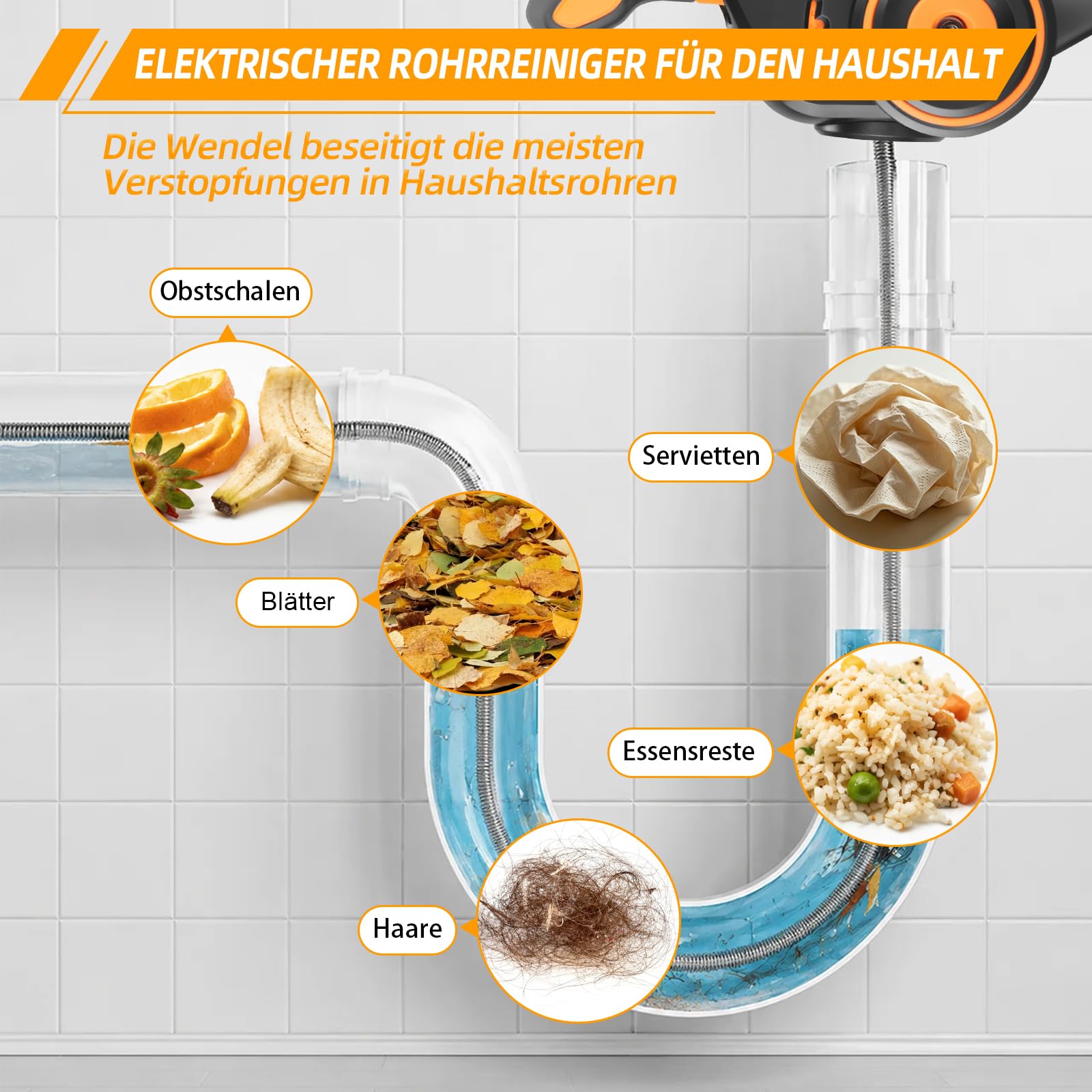 Rohrreinigungsspirale Akku-Rohrreiniger für Makita 18V Akku | 7,6m Elektrischer Abflussreiniger für Rohre von 19-51mm, Für Abflussrohre von Toilette und Küche, Keine Batterie
