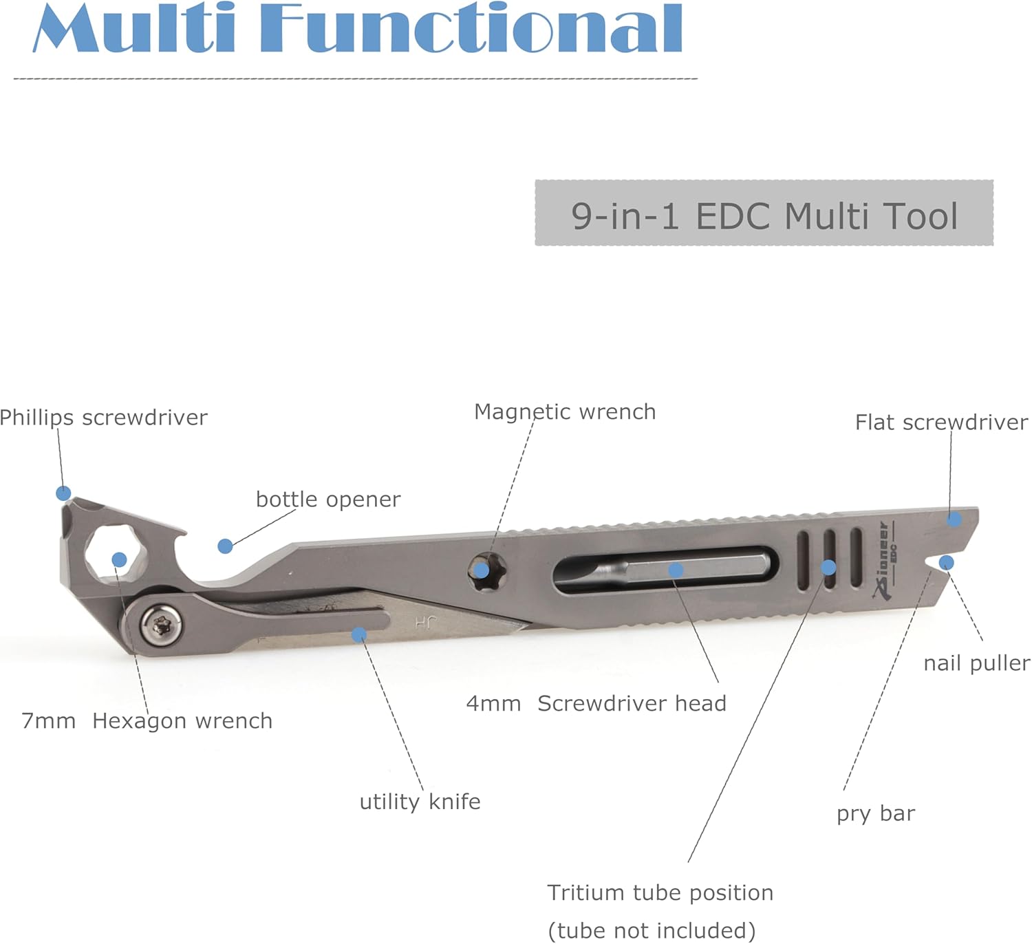 Titanium Pry Bar Bottle Opener 4.53", 9-in-1 Multi Tool Crowbar with Wrench 4MM Screwdriver Portable Tool