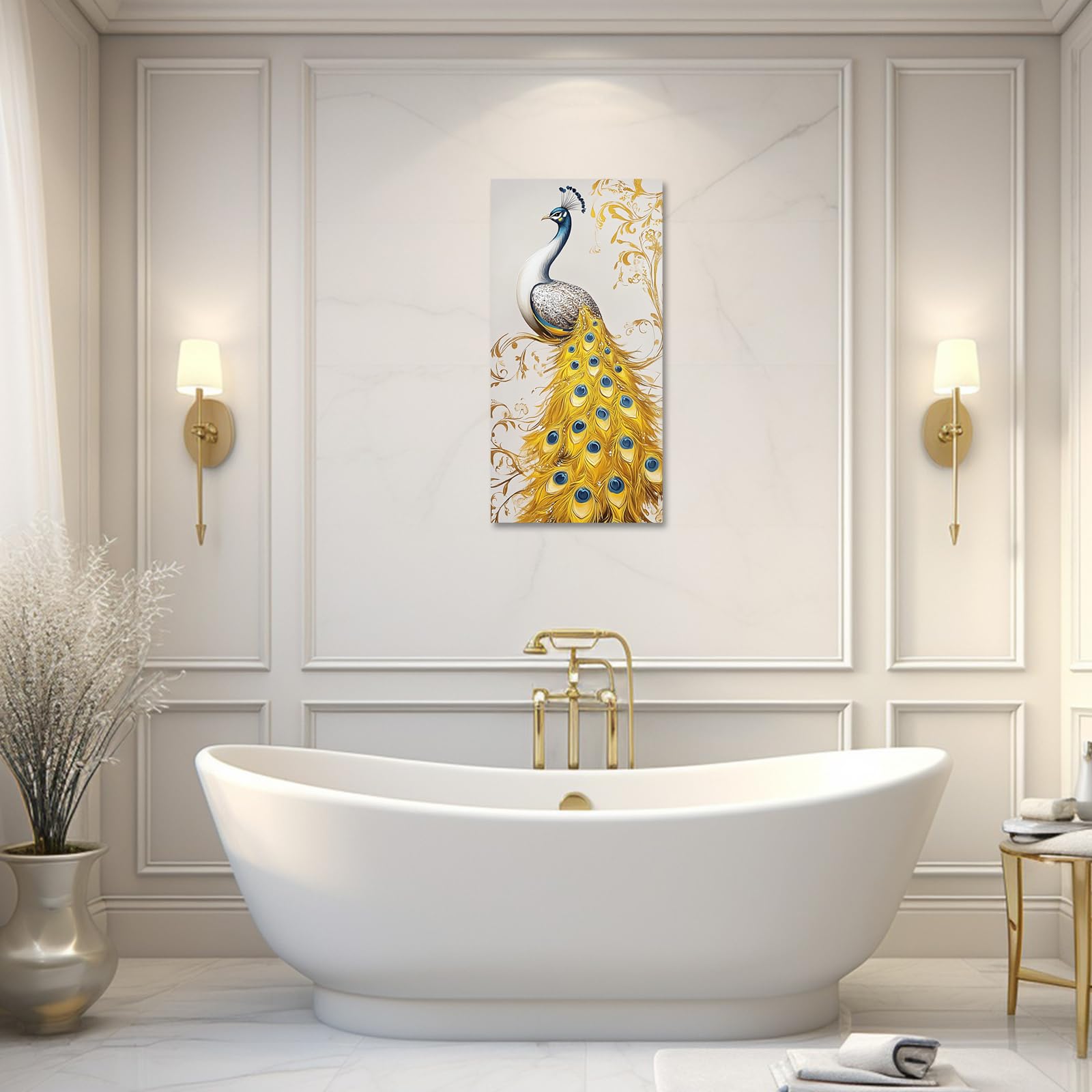 Amazon.co.jp: 孔雀のキャンバスウォールアート、金と青の羽の絵画