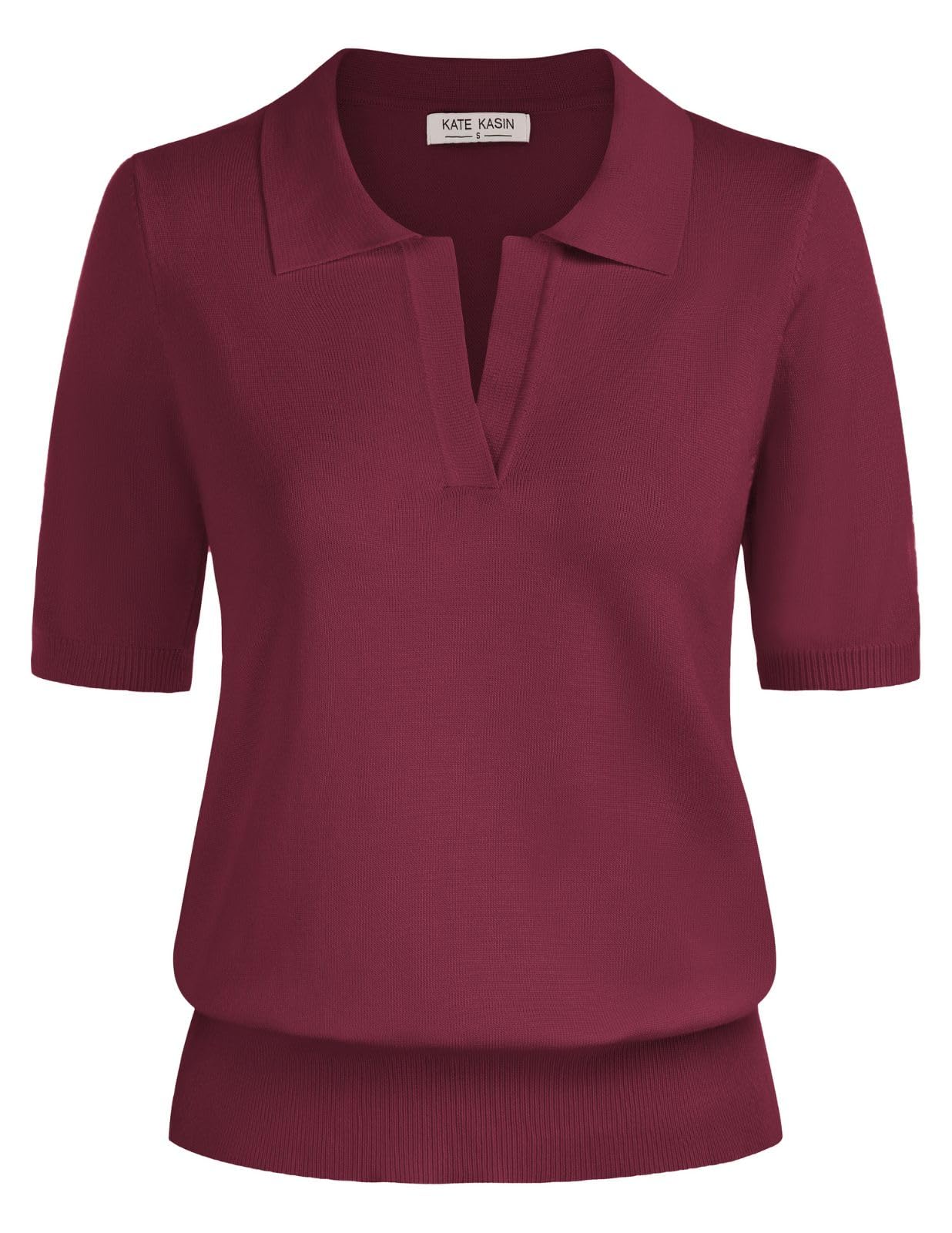 Kate Kasin Women Short Sleeve Polo Sweater V Neck Knitted Tops Casual Ribbed Shirt Loose Pullover Sweater