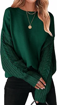 ZESICA Women's 2023 Fall Long Sleeve Crew Neck Solid Color Cable Knit Chunky Casual Oversized Pullover Sweater Tops