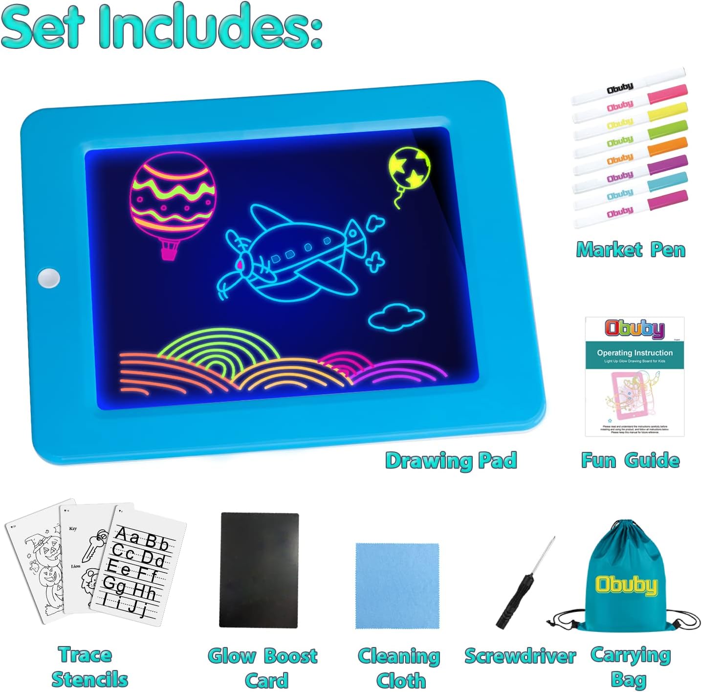 Obuby Light Up Drawing Board Educational Learning Drawing Kids Toys Gifts for 3 4 5 6 7+ Ages Boys and Girls,Ultimate Tracing Pad with 9 LED Light Effects Glow in The Dark Art Doodle Color Set(Blue)