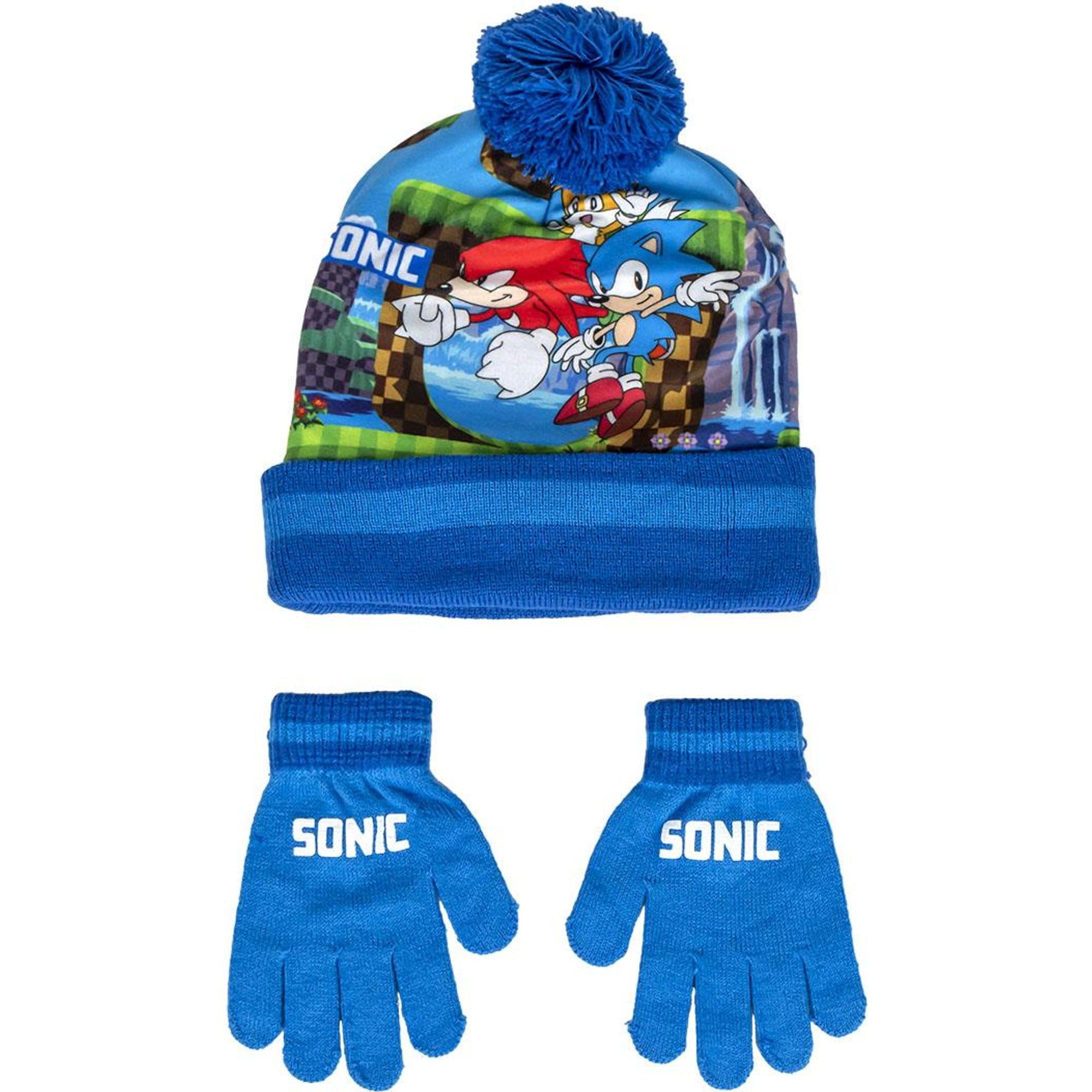 Conjunto de Gorro y Guantes de Sonic - Color Azul, Rojo y Amarillo - Talla Única - Elaborados en Acrílico y Poliéster - Estampado de Sonic, Miles y Knuckles - Producto Original Diseñado en España