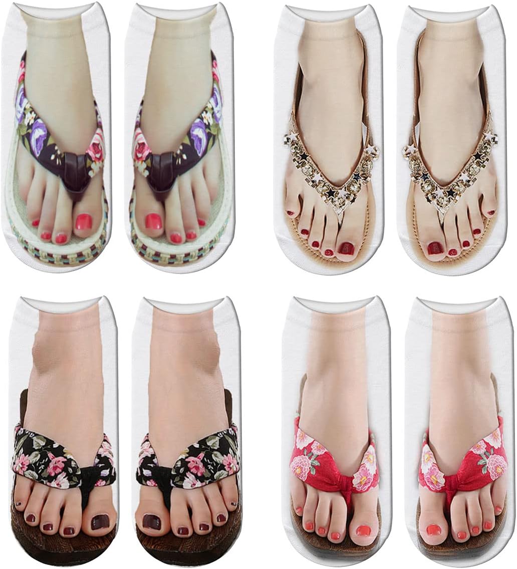 3D Flip-Flops Fun Socks,Women Girls Funny Crazy 3D Tie-Dye Socks,Look Like Shoes Sandal Novelty Silly Low Cut Ankle Socks (B style,4 Pairs)