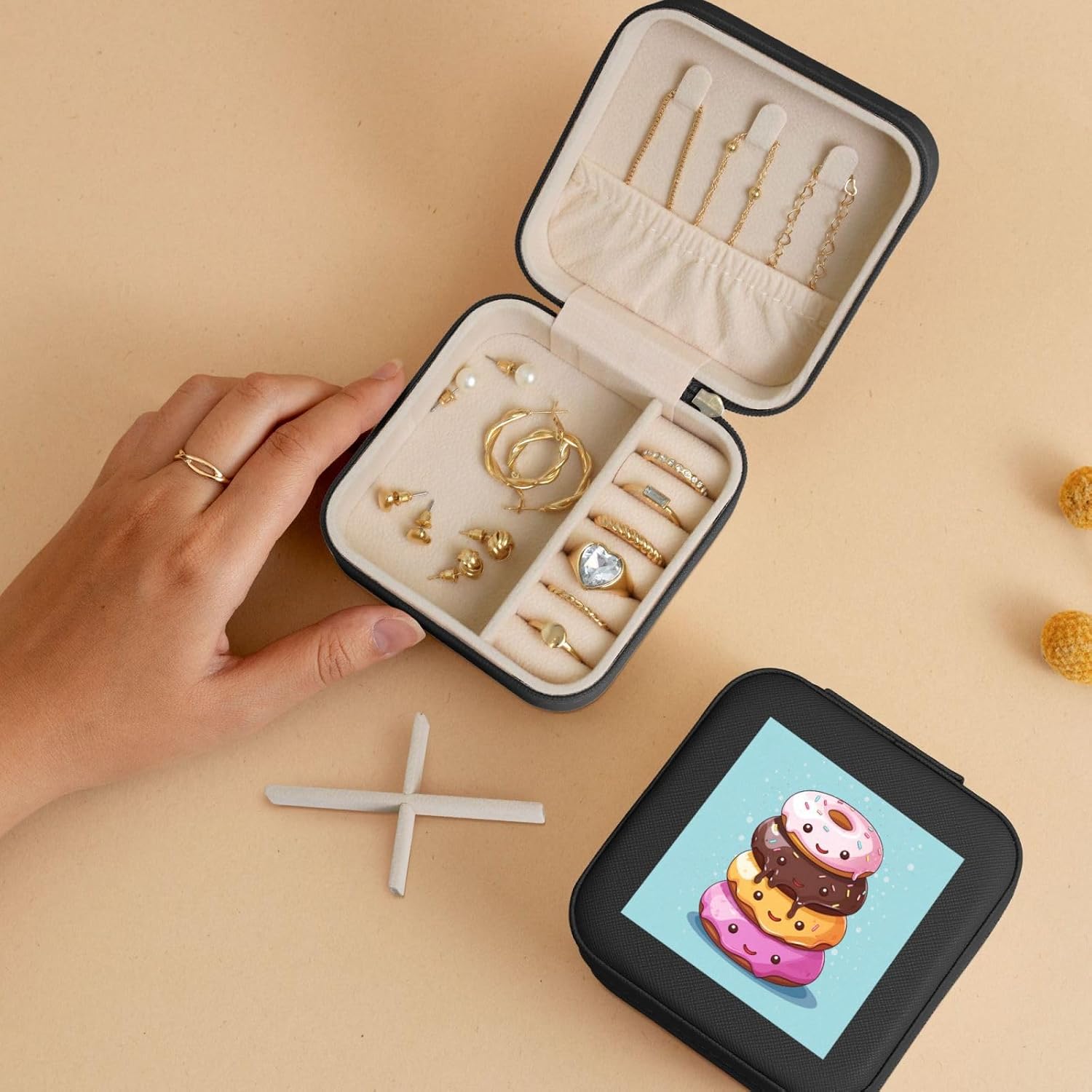 Jewelry Box for Women PU Leather Small Jewelry Organizer Box with Zipper Mini Travel Case Cute Colorful Donuts Display Storage Holder Boxes for Earrings Rings Necklaces Bracelets image 5