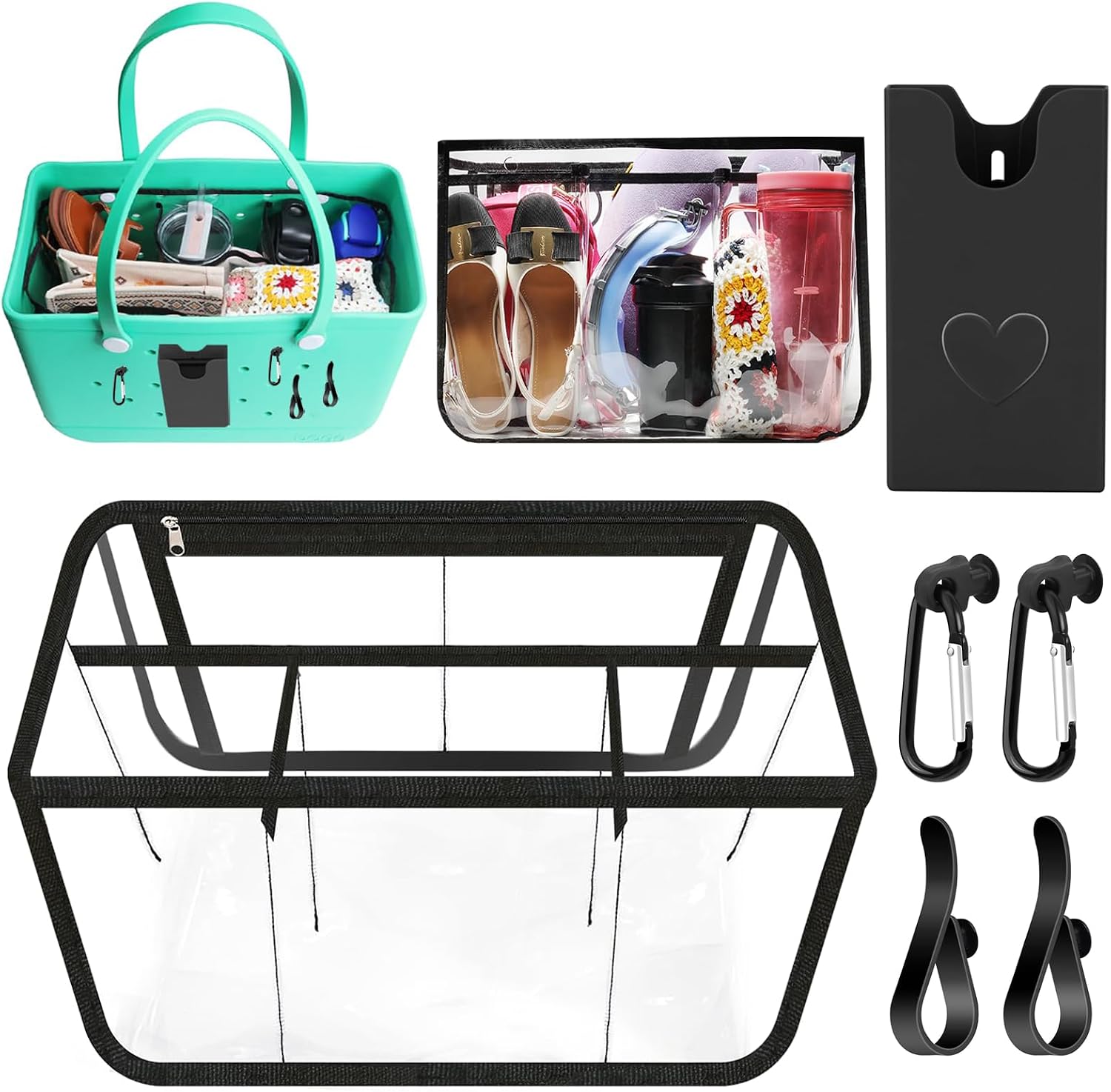 6 PCS Mesh Beach Bag Organizer Accessories for XL Bogg Bag, Gray Divider Insert with Phone Holder, Hooks and Carabiners, Storage Organizer for Extra Large Beach Tote